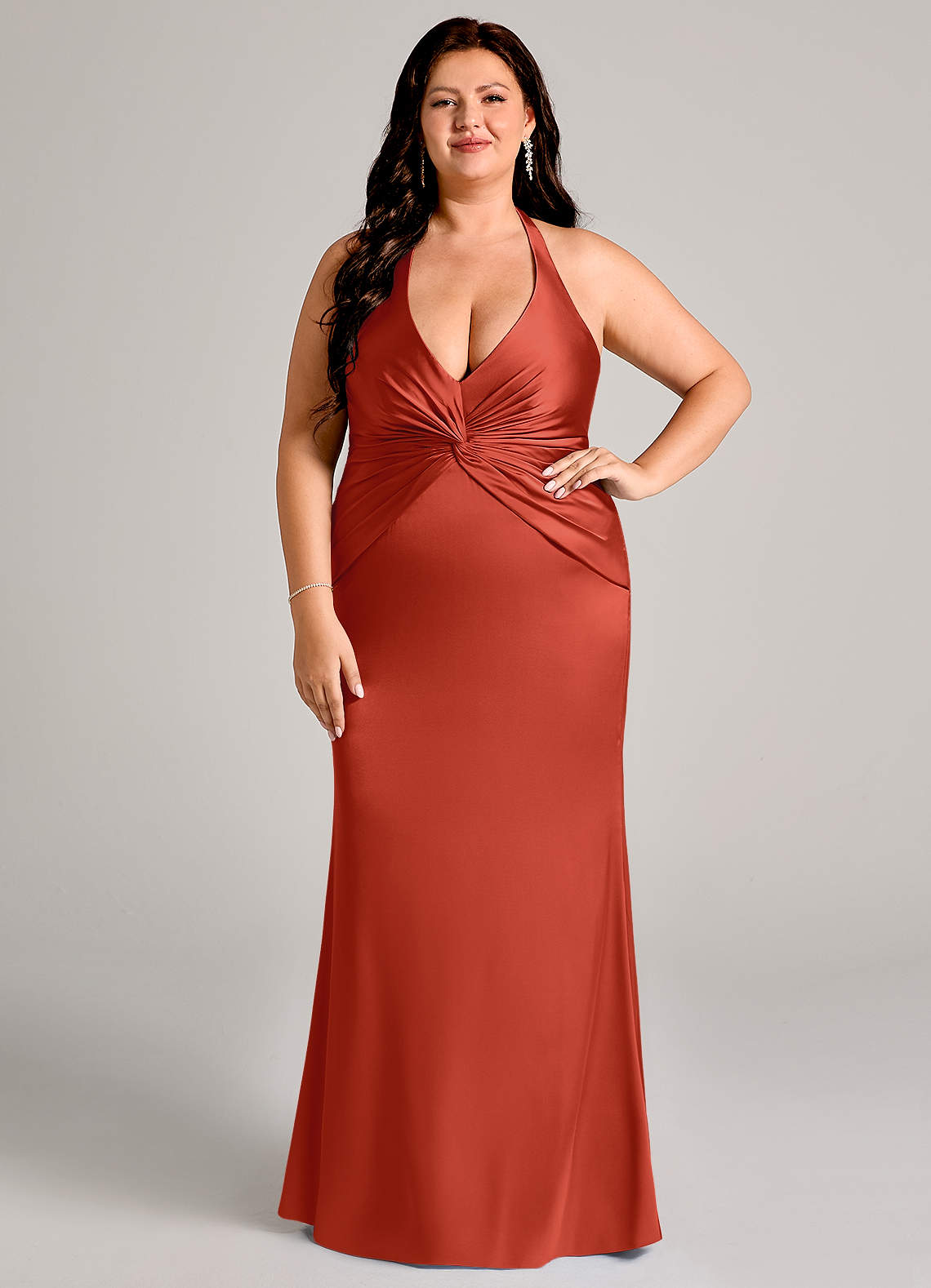 Valerie Mermaid V-Neck Stretch Satin Bridesmaid Dress in Rust