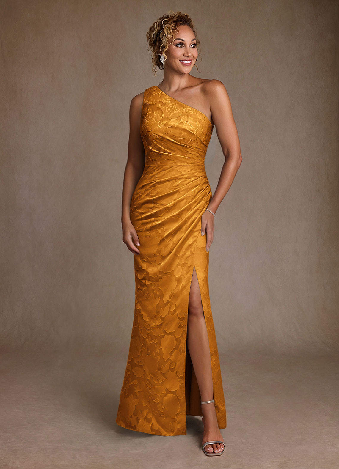 Joylin Trumpet One-Shoulder Floral Burnout Mother of the Bride Dress in butterscotch