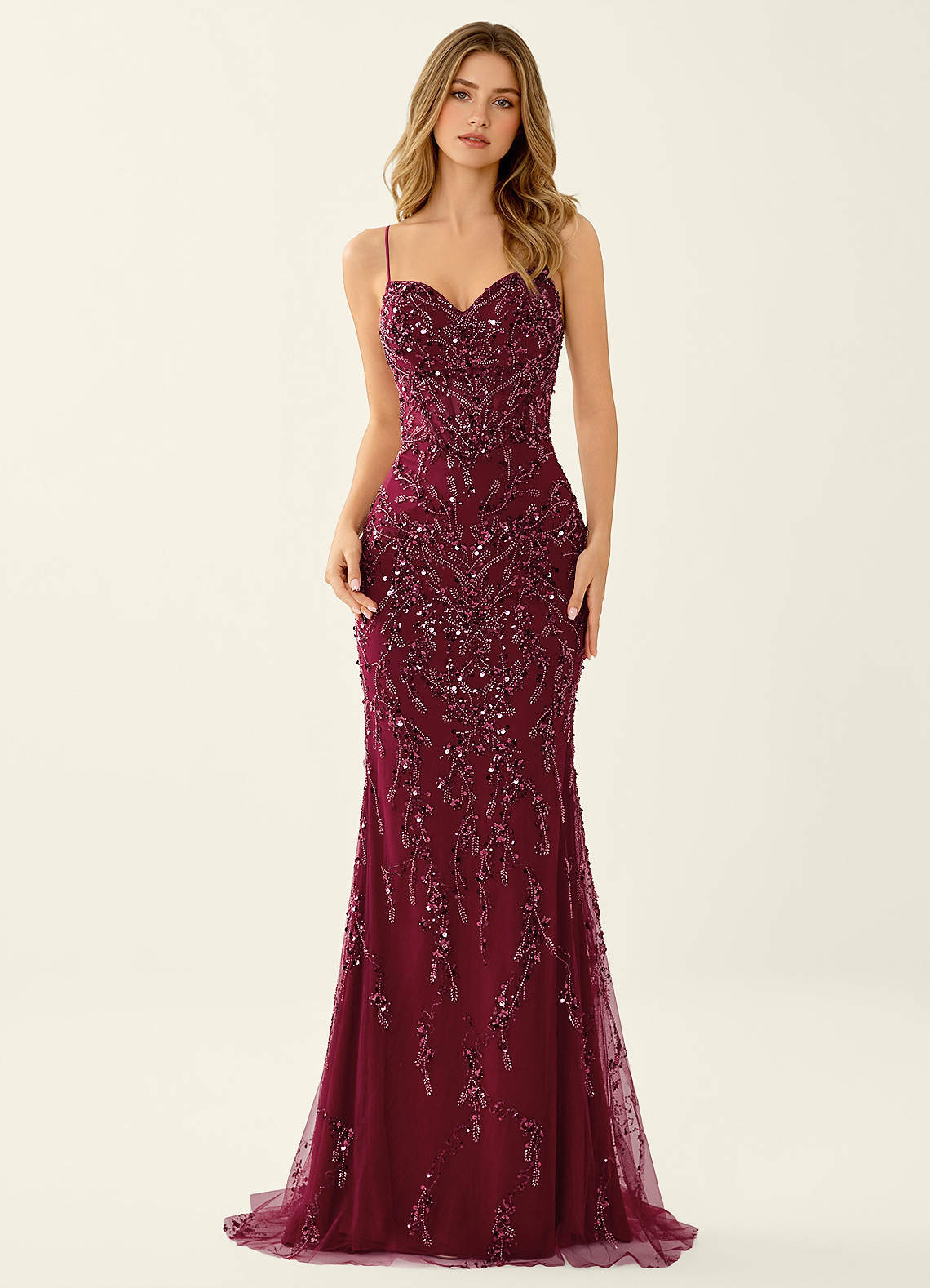 Zivah Mermaid V-Neck Beaded Stretch Mesh Evening Dress in Burgundy