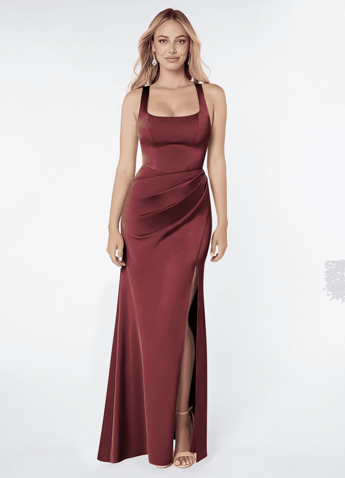 Mero Mermaid Square-Neck Stretch Satin Bridesmaid Dress in Merlot