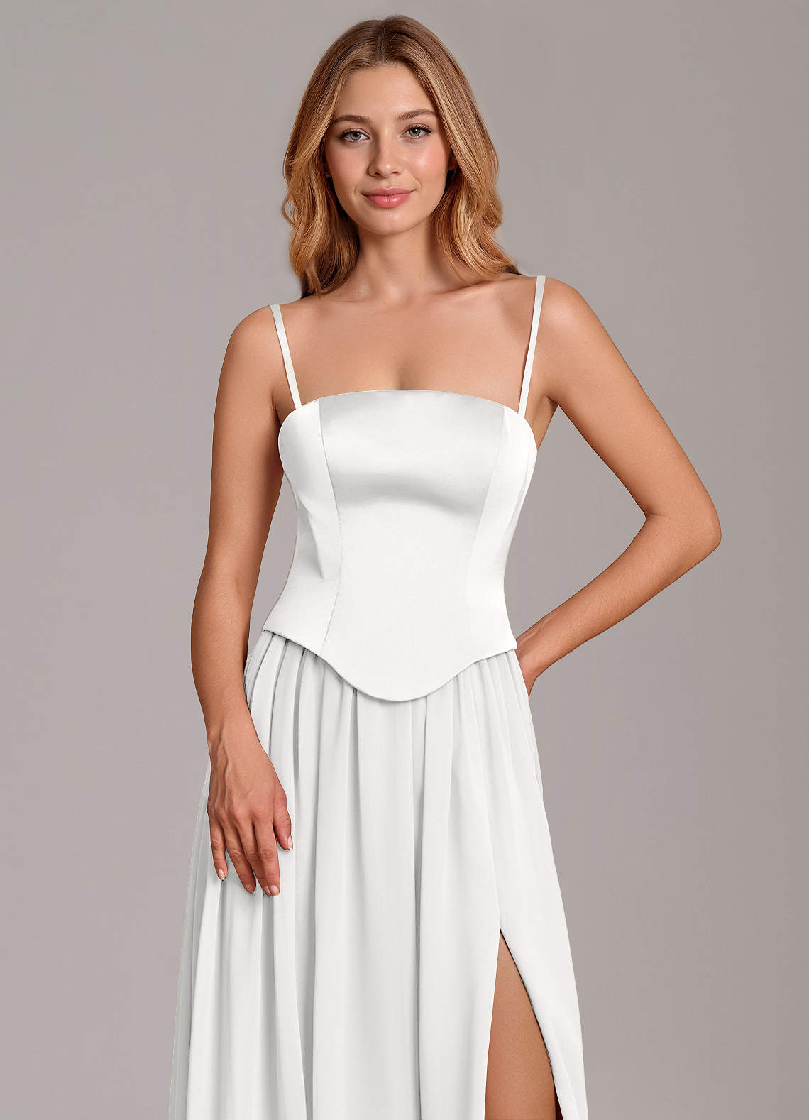 Cadence A-Line Strapless Chiffon and Stretch Satin Bridesmaid Dress in white