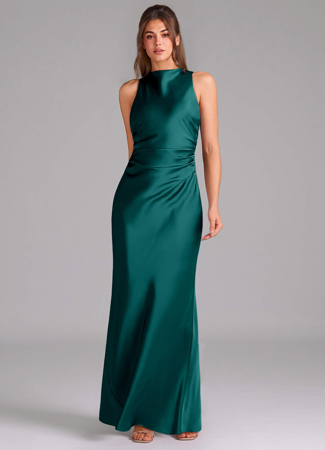 Evadne Sheath Scoop-Neck Stretch Satin Bridesmaid Dress in Peacock