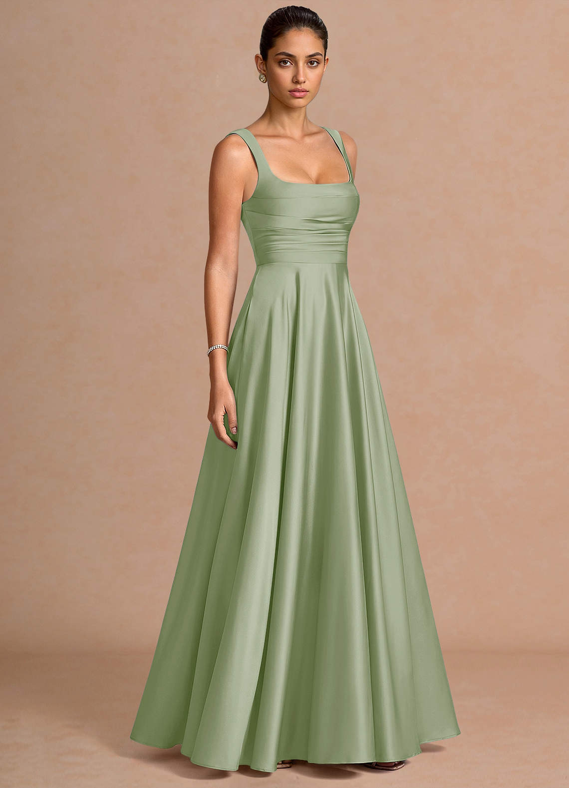 Azaria A-Line Square-Neck Stretch Satin Wedding Guest Dress in Light Green