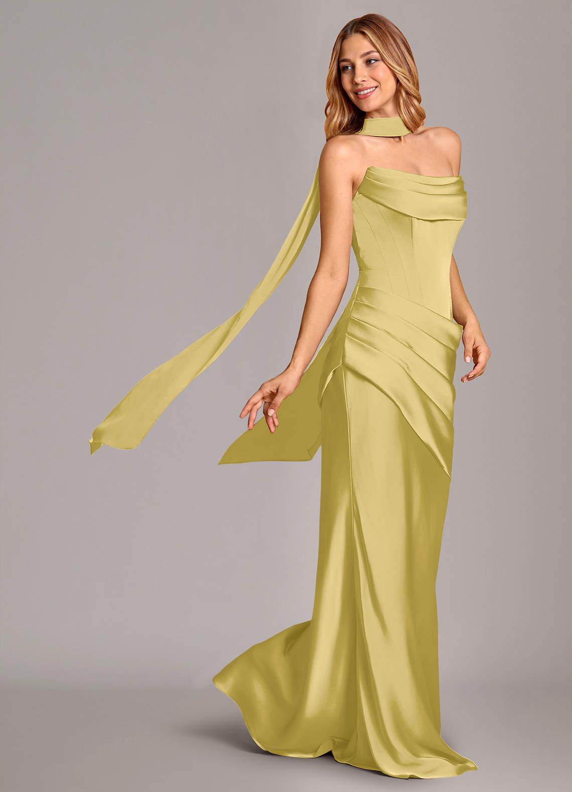 Pelagia Mermaid Cowl-Neck Stretch Satin Bridesmaid Dress in Canary
