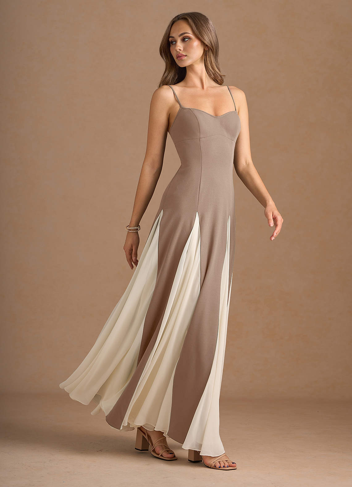 Jessenia A-Line Color-Block Crepe Chiffon Wedding Guest Dress in Taupe