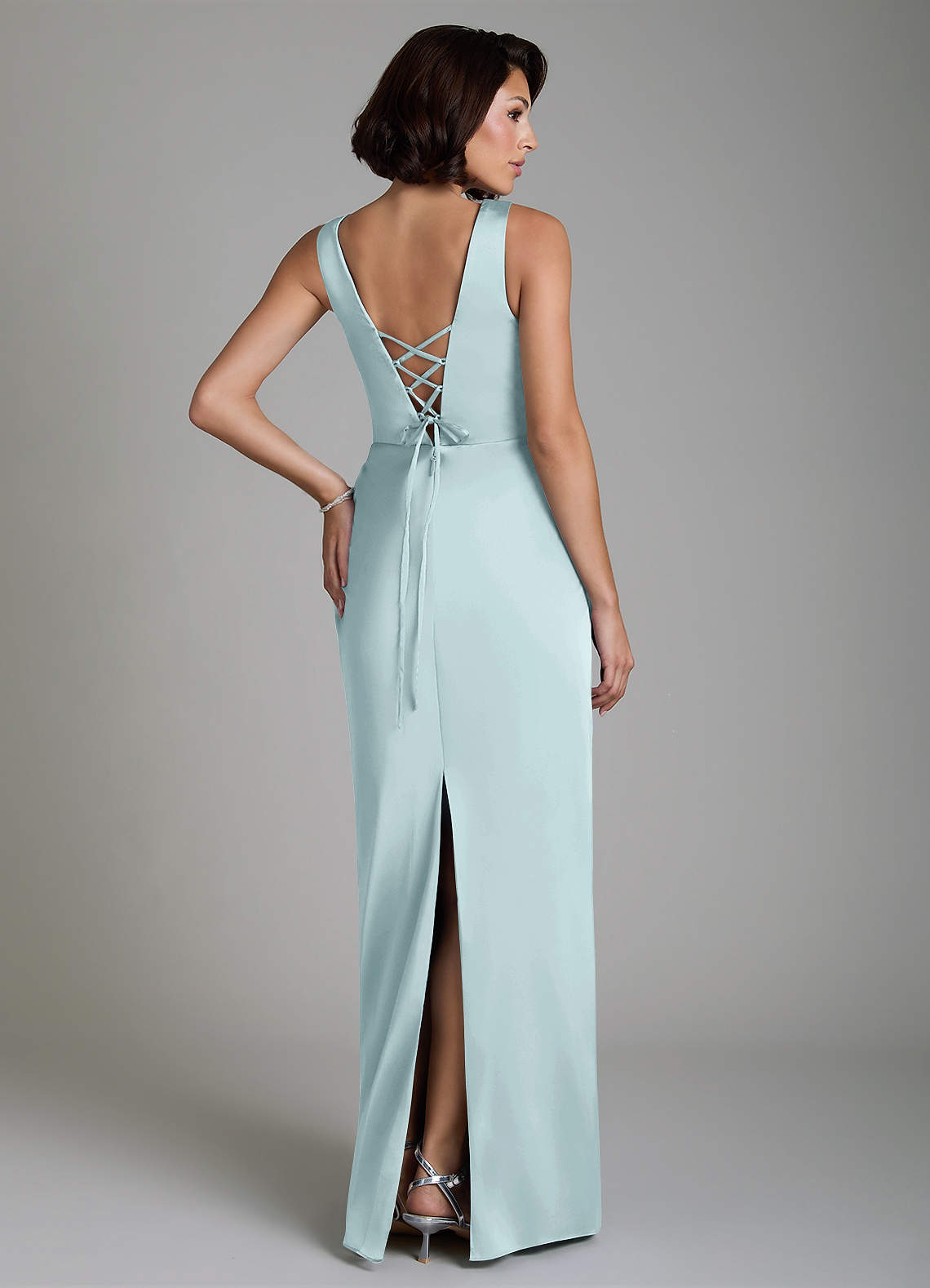Vanya Sheath V-Neck Stretch Satin Bridesmaid Dress in Mist