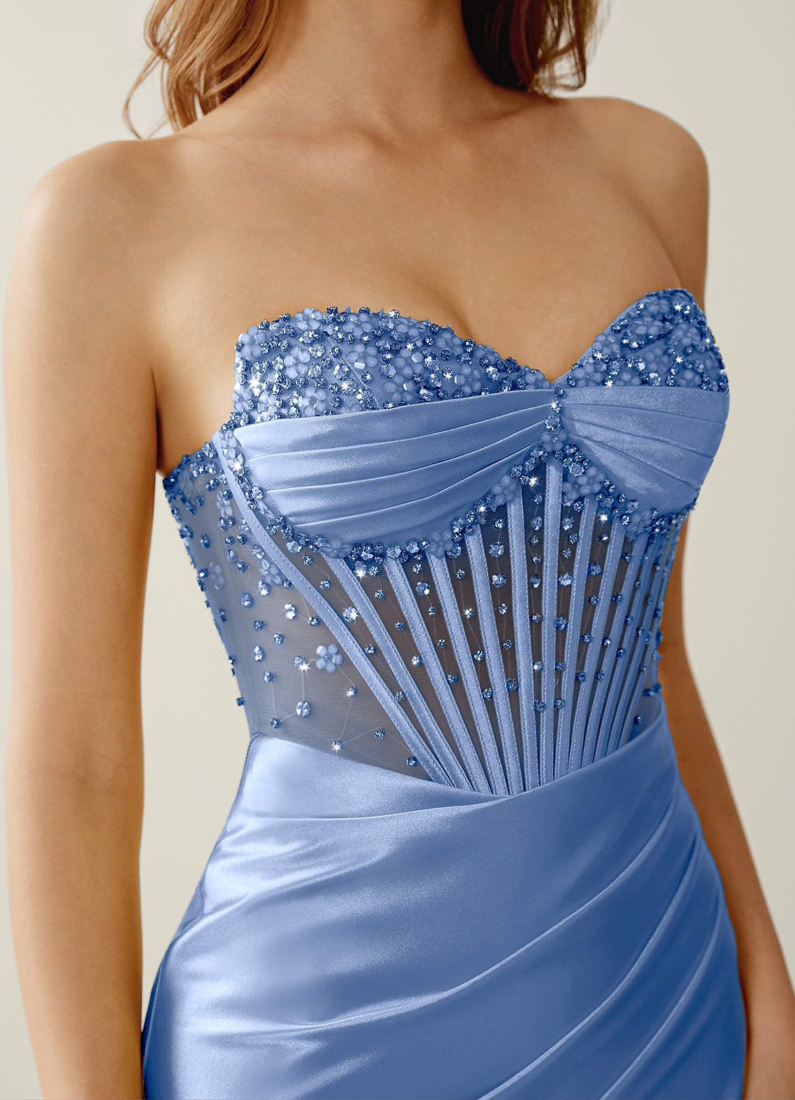 Willa Mermaid Strapless Sequined Satin Evening Dress in Powder Blue
