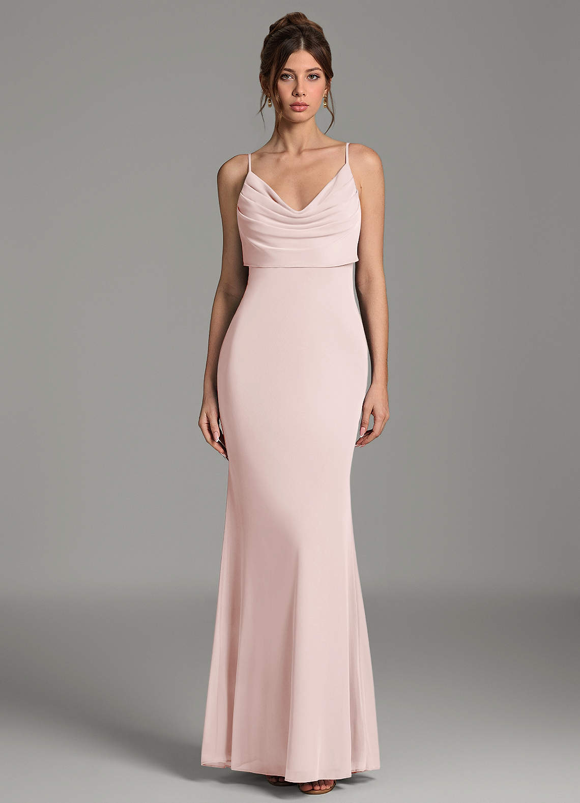 Zari Mermaid Cowl-Neck Mesh Bridesmaid Dress in Blushing Pink