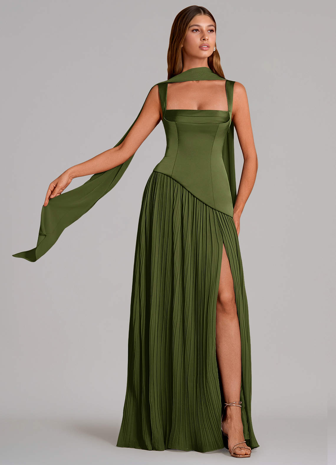 Stephanie A-Line Square-Neck Stretch Satin and Chiffon Bridesmaid Dress in Olive