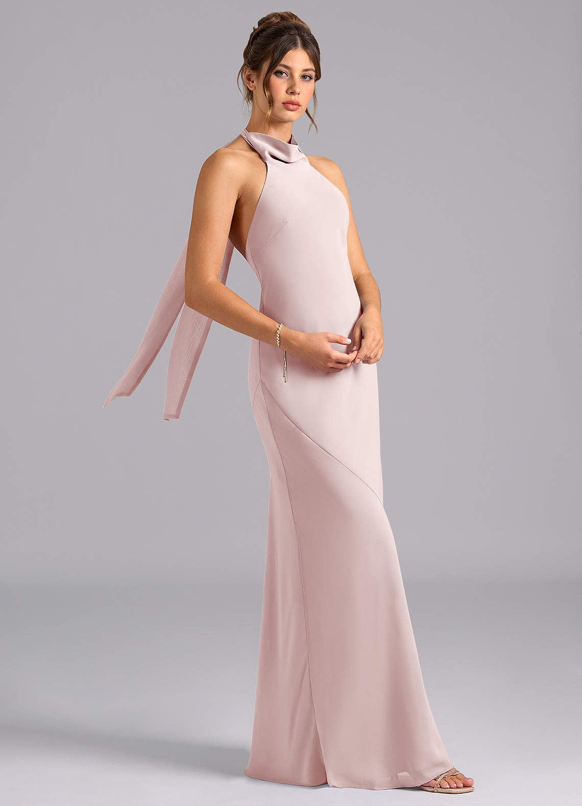 Velli Mermaid Halter Chiffon Bridesmaid Dress in Blushing Pink