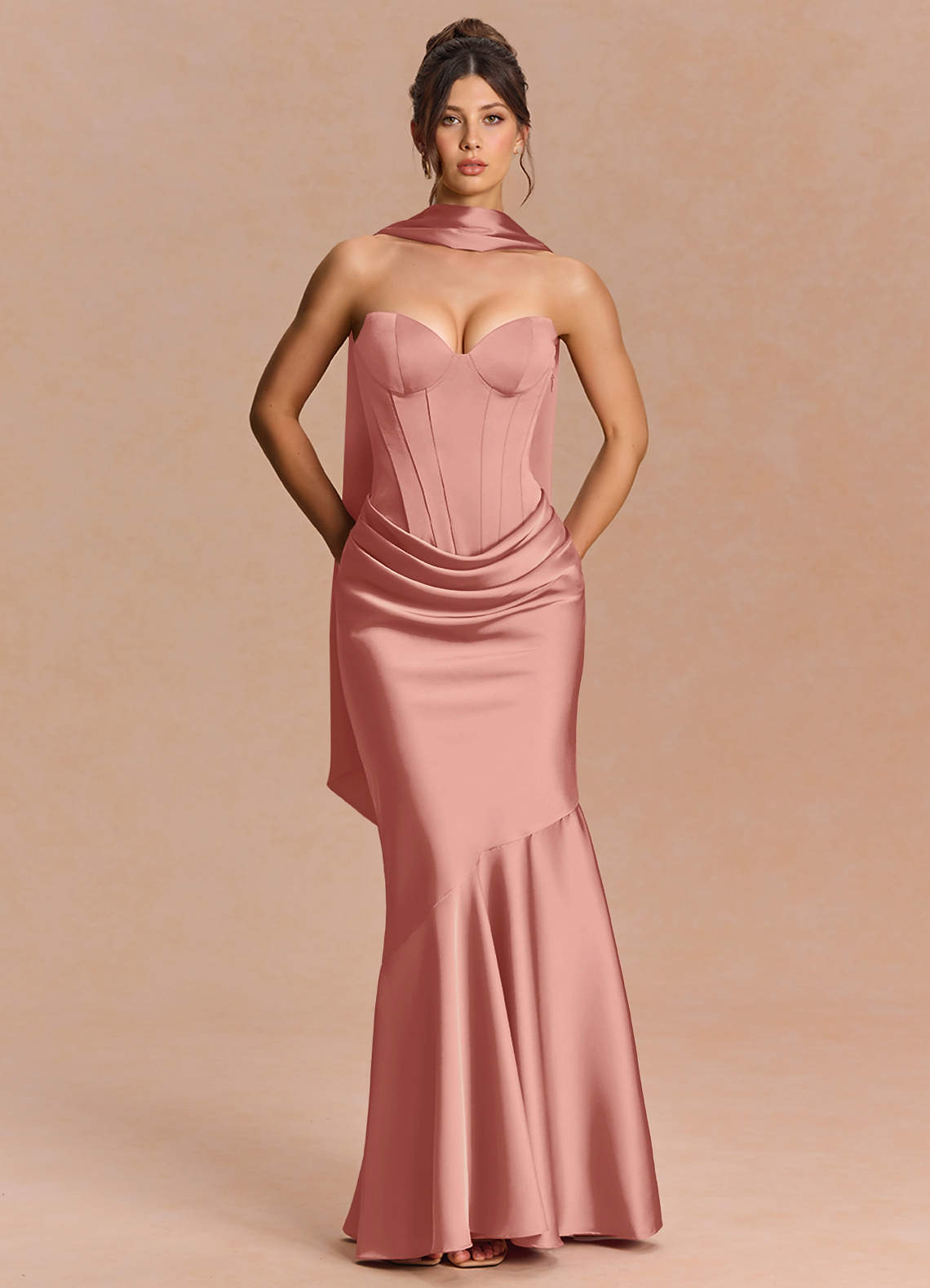 Euphemia Mermaid Strapless Stretch Satin Evening Dress in Rosette