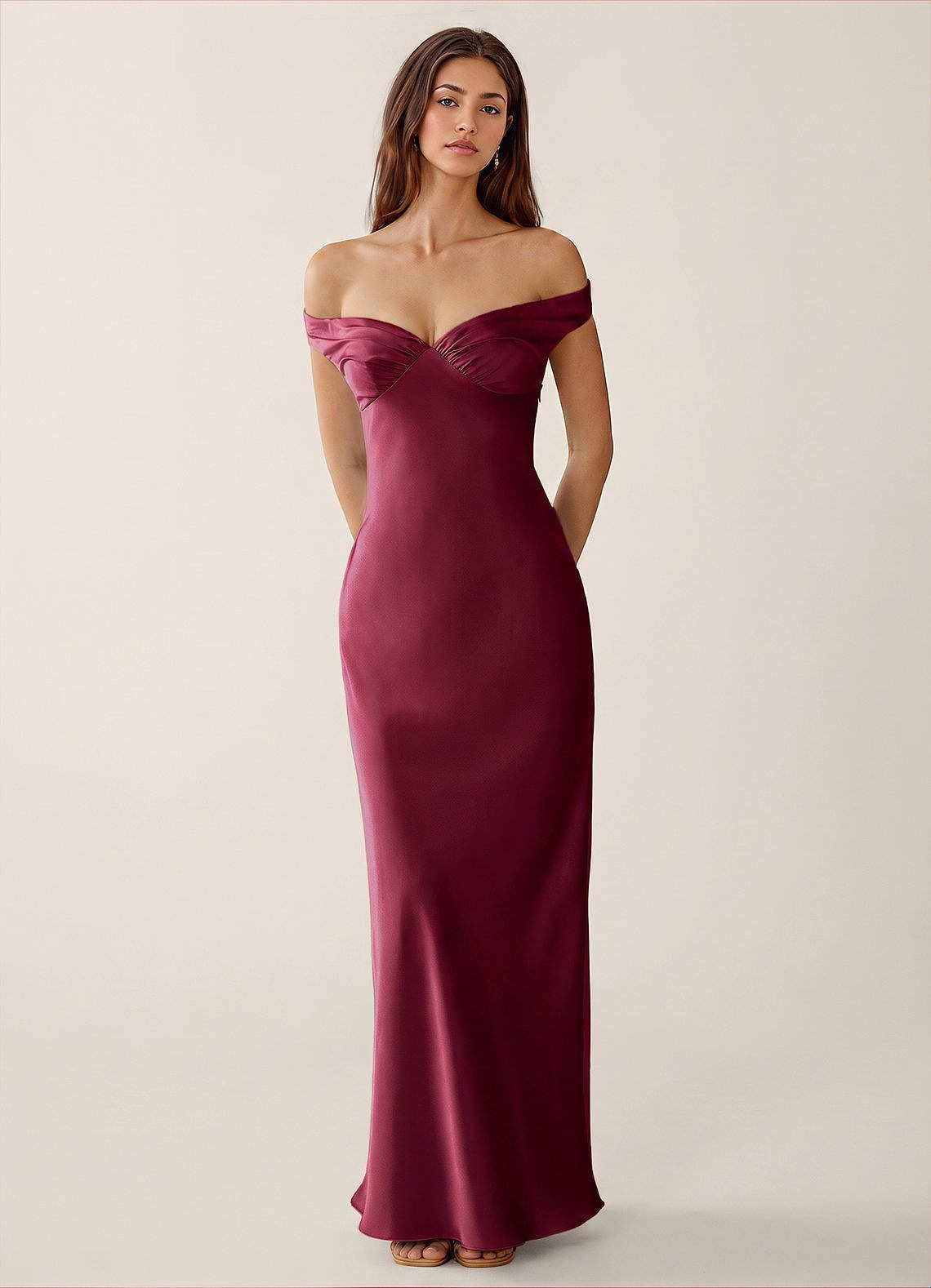 Gwendonme Sheath Off-the-Shoulder Satin Crystal Linen Evening Dress in Merlot