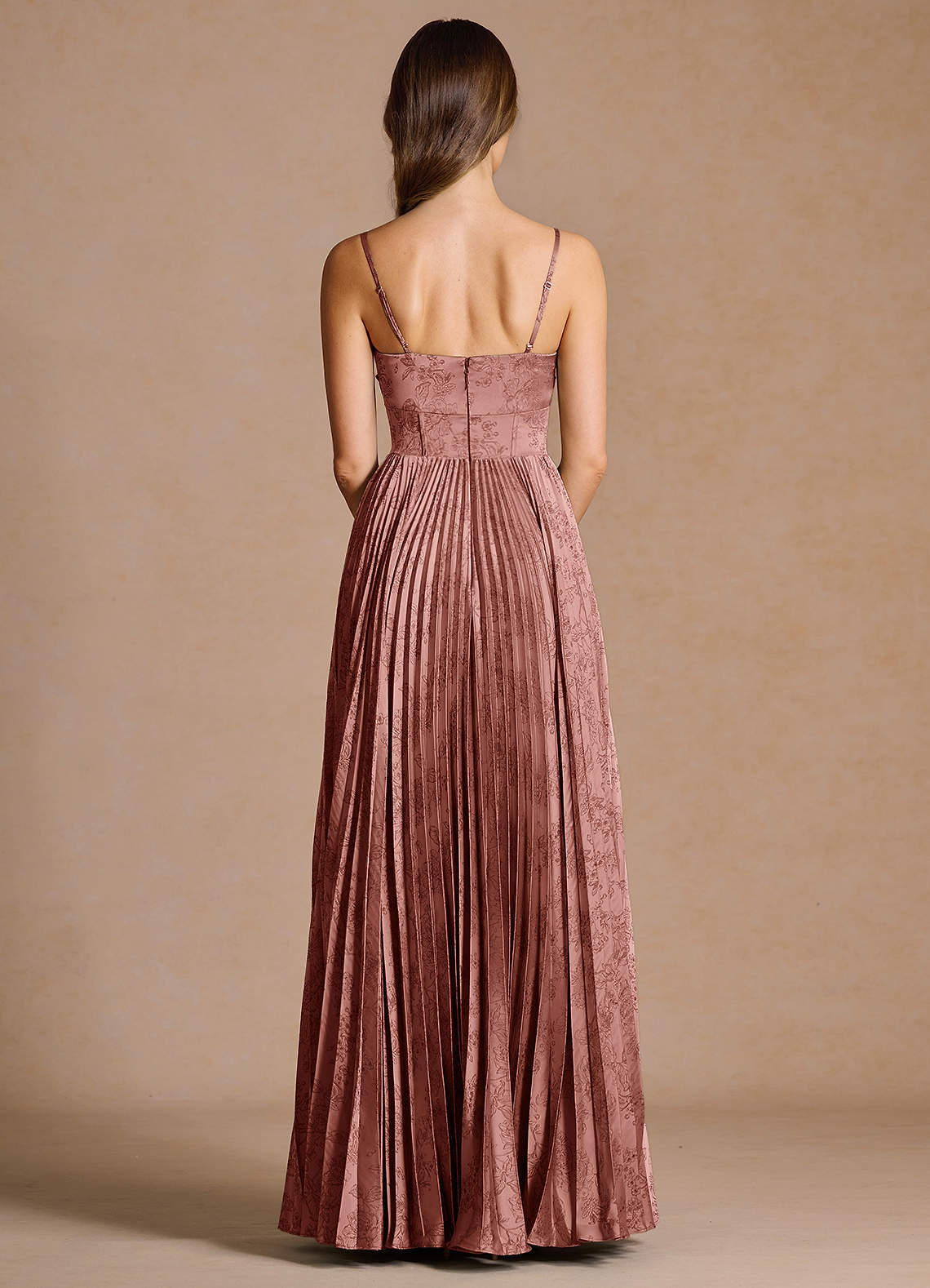 Vesper Pleated Knot-Neck Jacquard Wedding Guest Dress in Vintage Rose