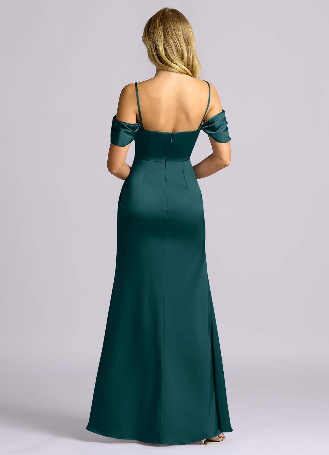Auden Sheath Off-the-Shoulder Stretch Satin Bridesmaid Dress in Pine