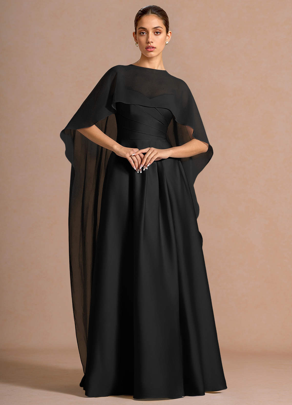 Nancy A-Line V-Neck Stretch Satin and Chiffon Evening Dress in black
