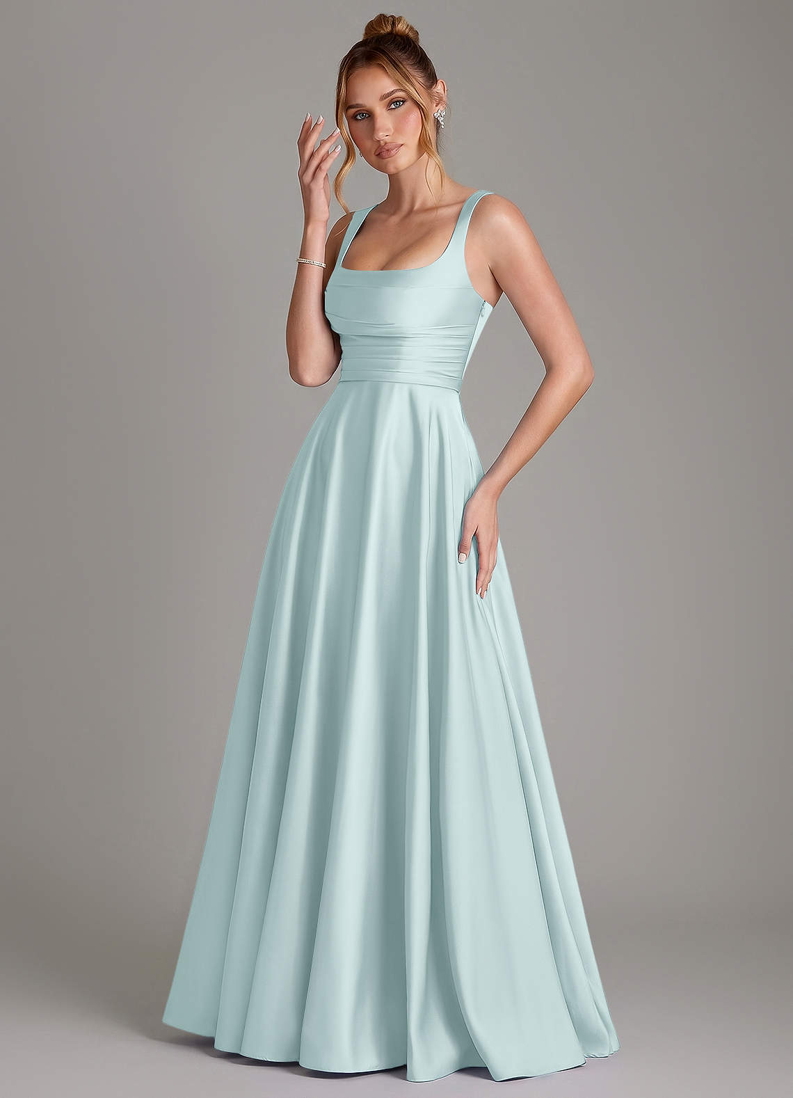 Azaria A-Line Square-Neck Stretch Satin Bridesmaid Dress in Mist