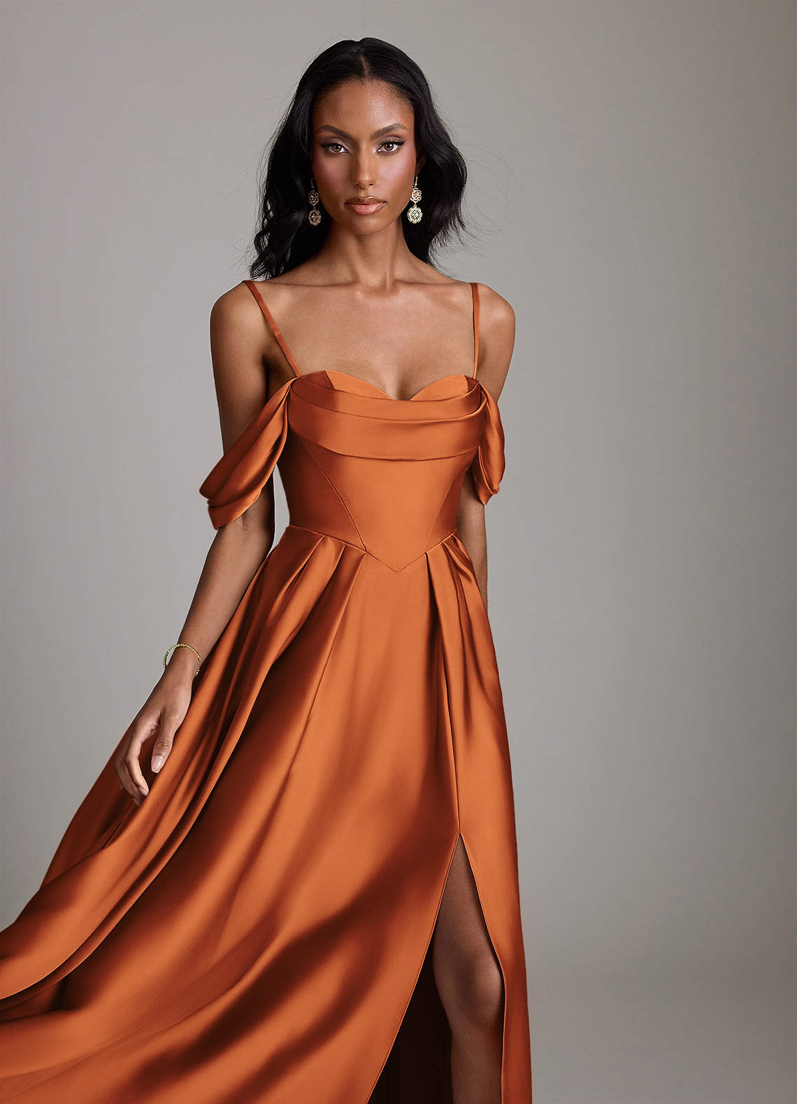 Loisa A-Line Off-the-Shoulder Stretch Satin Bridesmaid Dress in Cinnamon