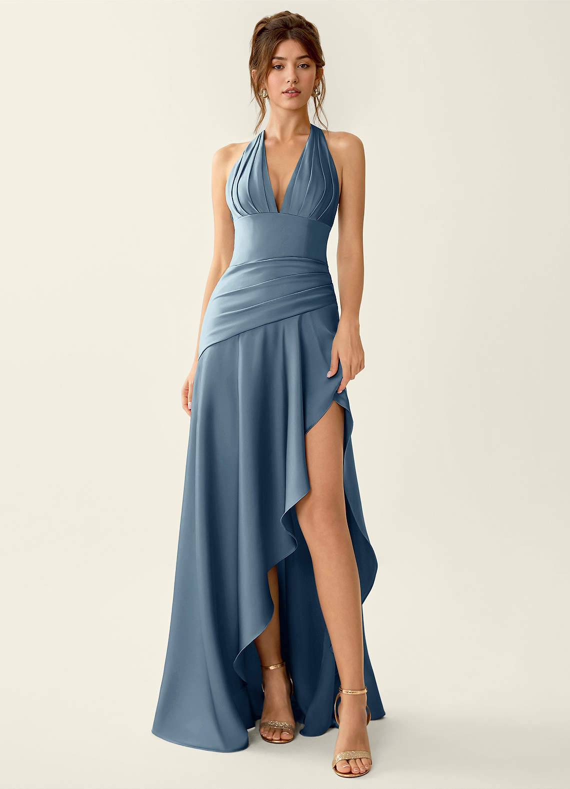 Titania Halter Asymmetric-Ruffle Satin Evening Dress in Powder Blue