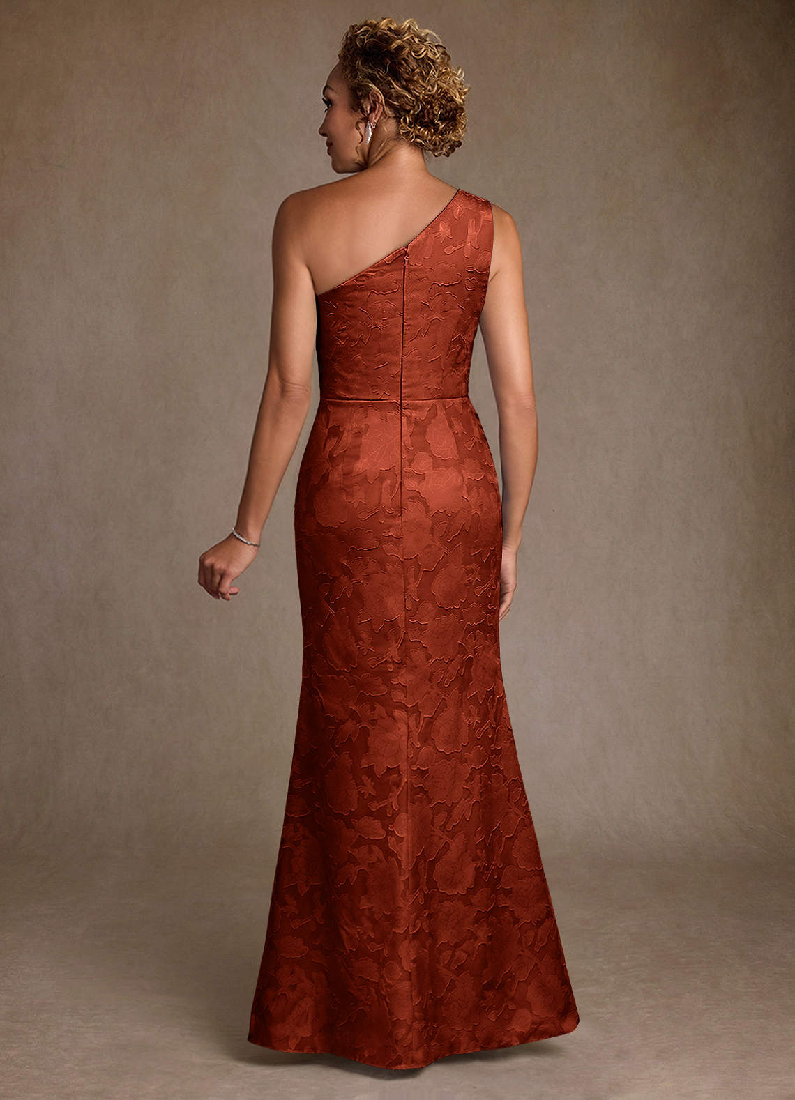 Joylin Trumpet One-Shoulder Floral Burnout Mother of the Bride Dress in Auburn