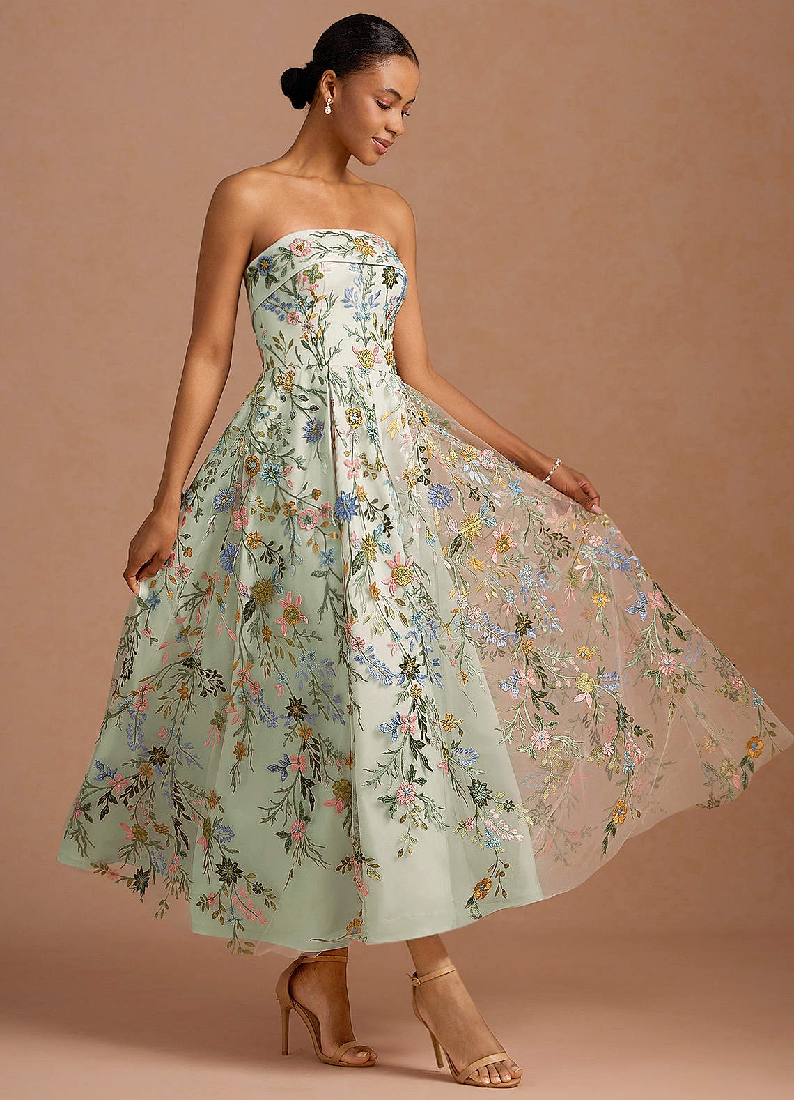 Evangeline Strapless Corset Floral Lace Evening Dress in candy pink