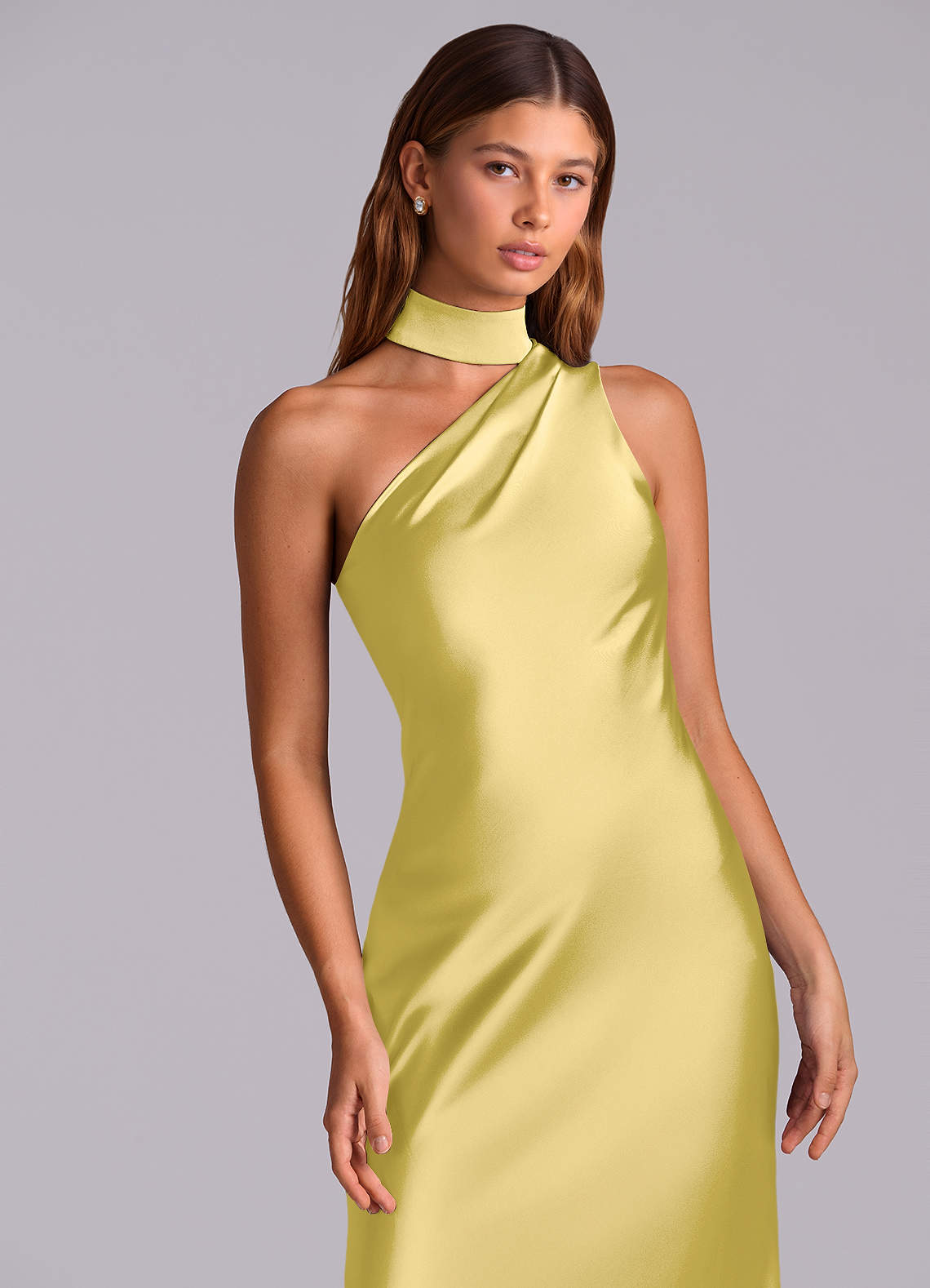 Seona Mermaid One-Shoulder Stretch Satin and Tulle Bridesmaid Dress in Canary