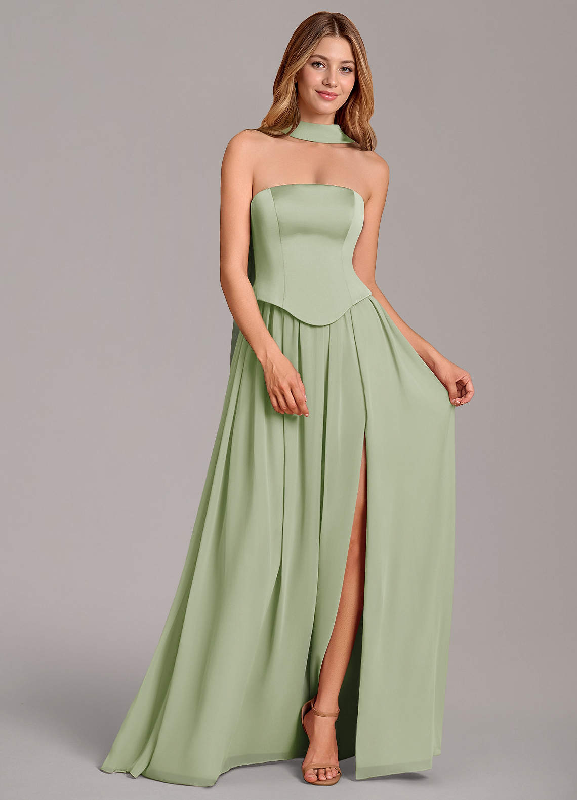 Cadence A-Line Strapless Chiffon and Stretch Satin Bridesmaid Dress in Dusty Sage
