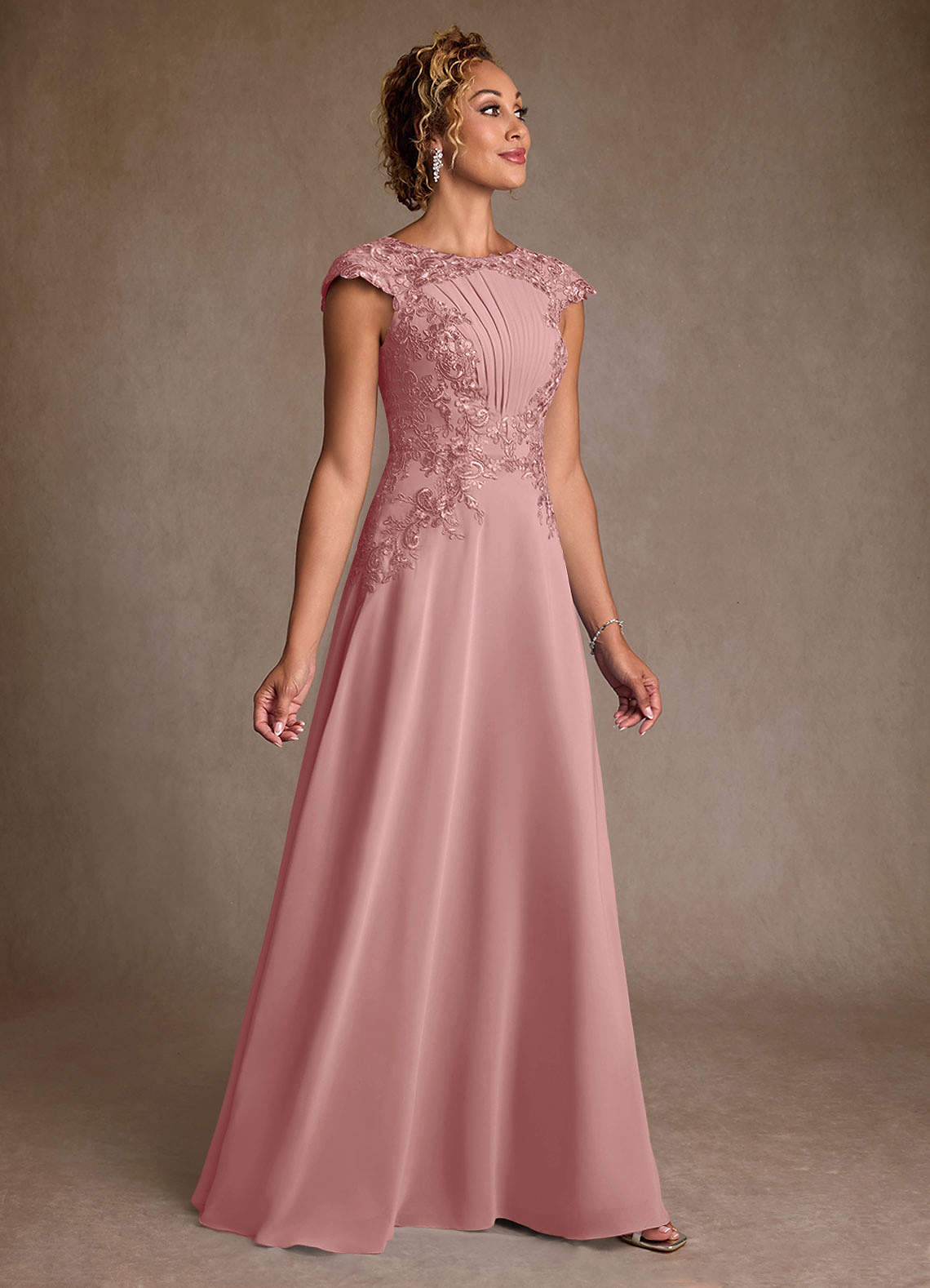 Christi A-Line Scoop-Neck Chiffon and Lace Mother of the Bride Dress in Dusty Rose