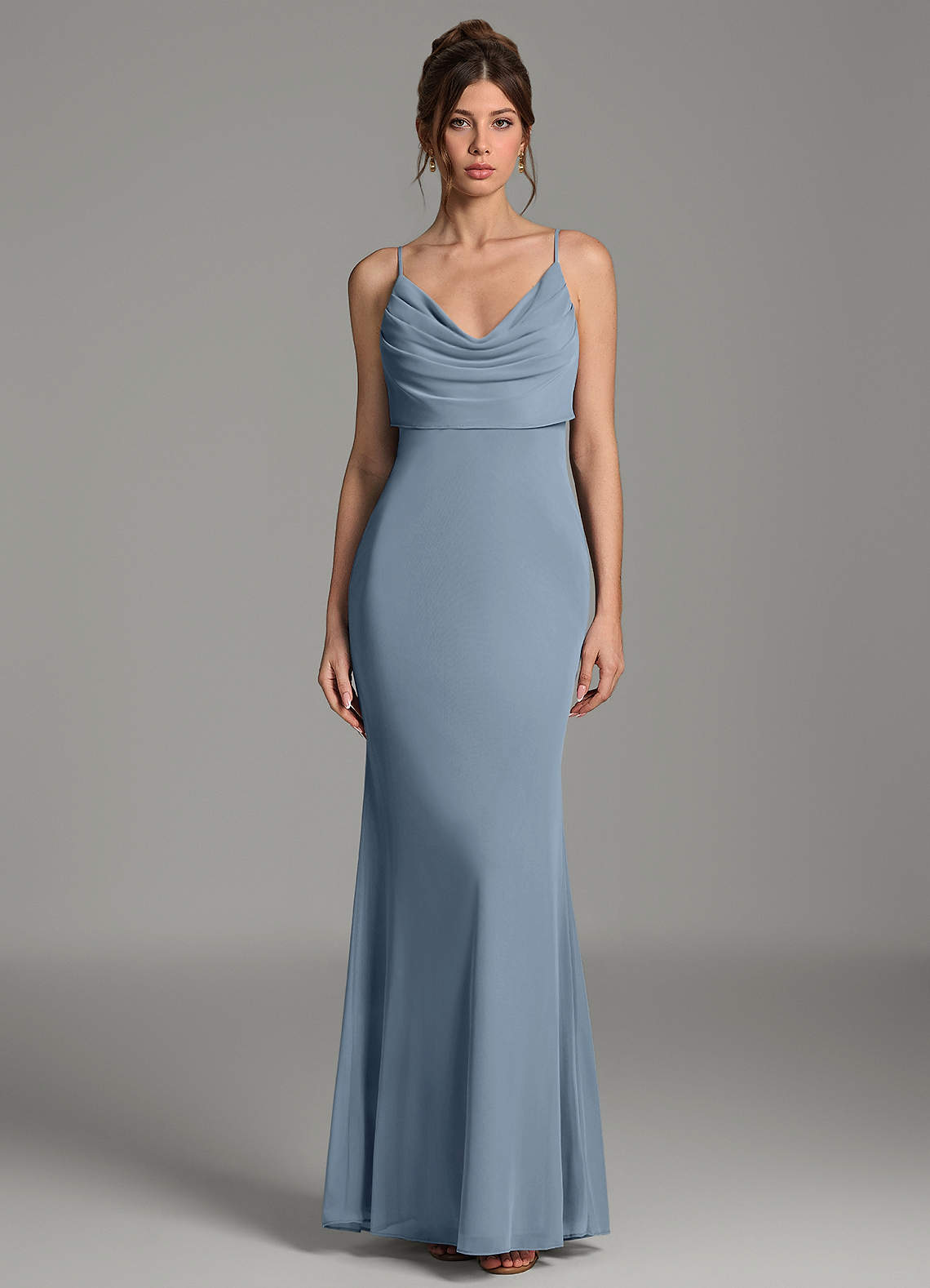 Zari Mermaid Cowl-Neck Mesh Bridesmaid Dress in dusty blue