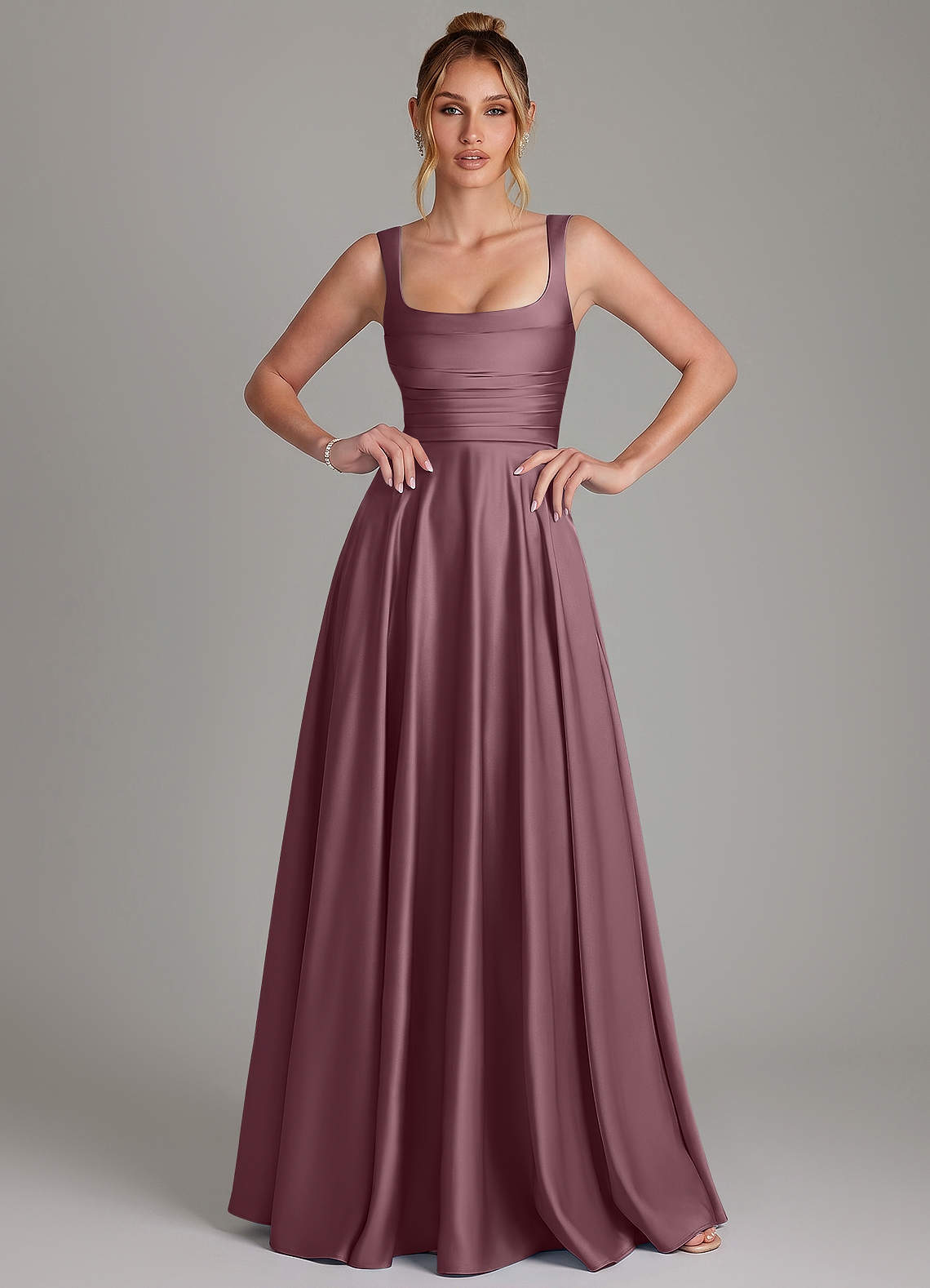 Azaria A-Line Square-Neck Stretch Satin Bridesmaid Dress in Amethyst