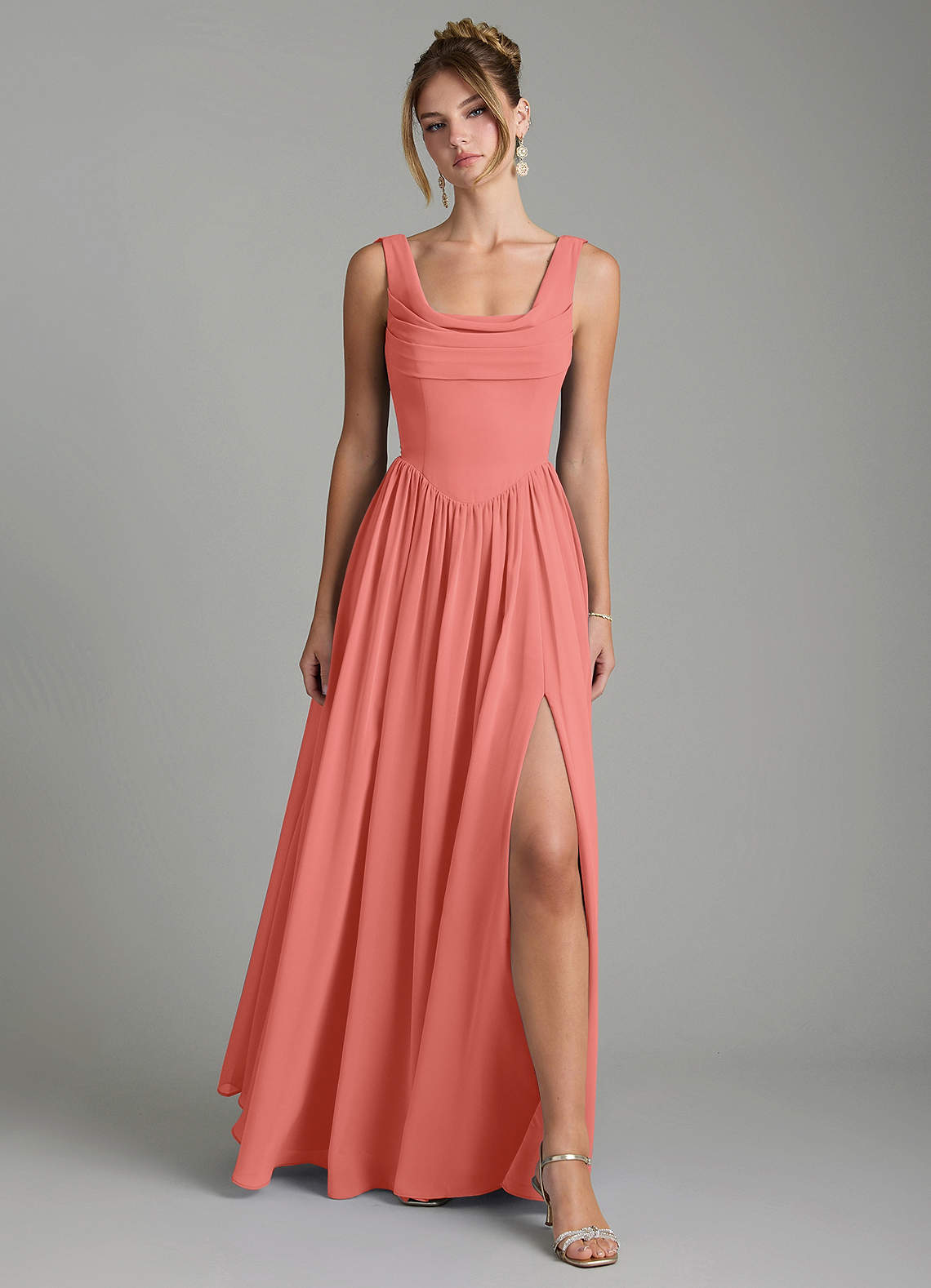 Novi A-Line Square-Neck Chiffon Bridesmaid Dress in Salmon Pink