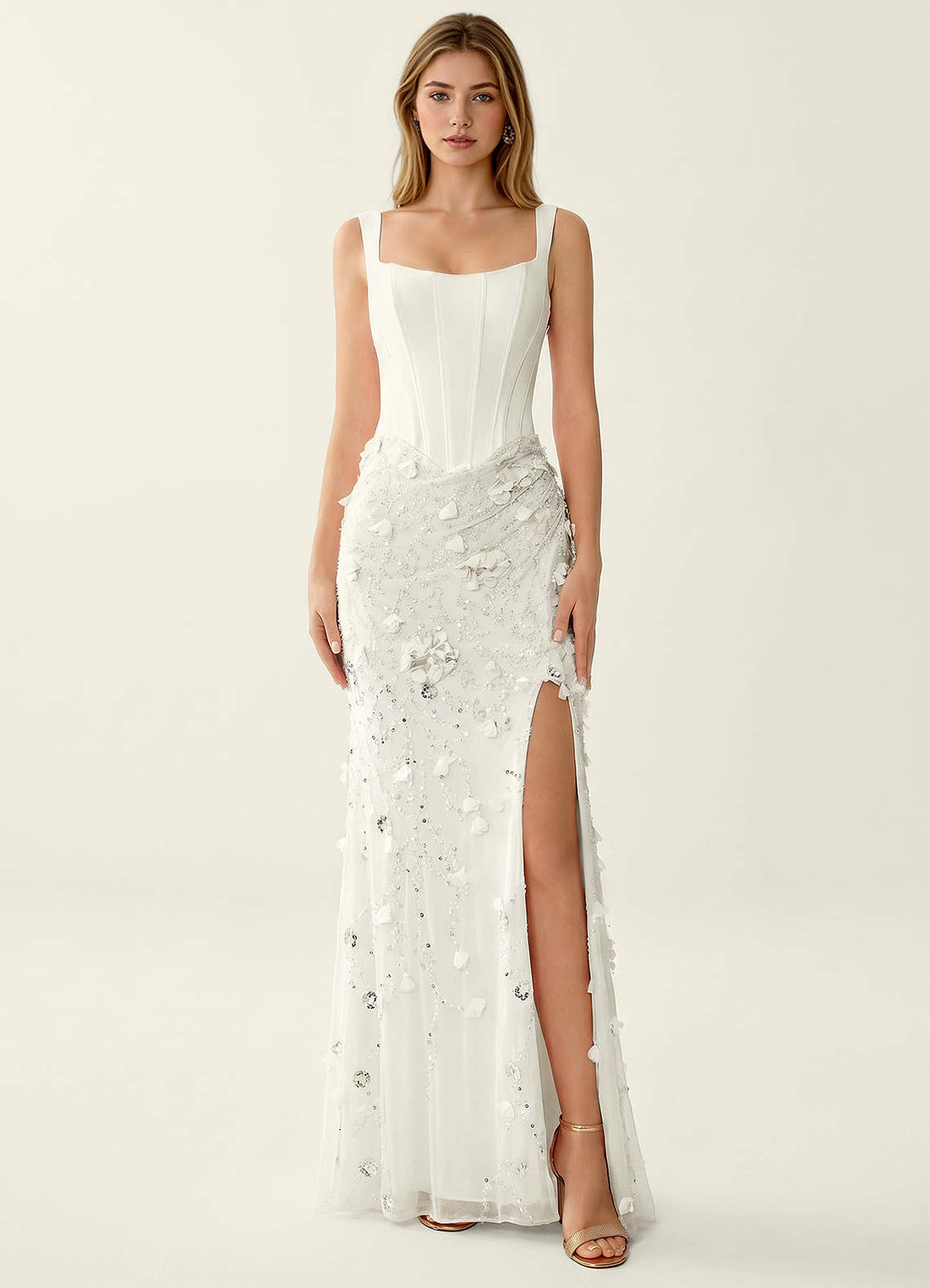 Belinda Mermaid Square-Neck Sequined Tulle Evening Dress in Ivory