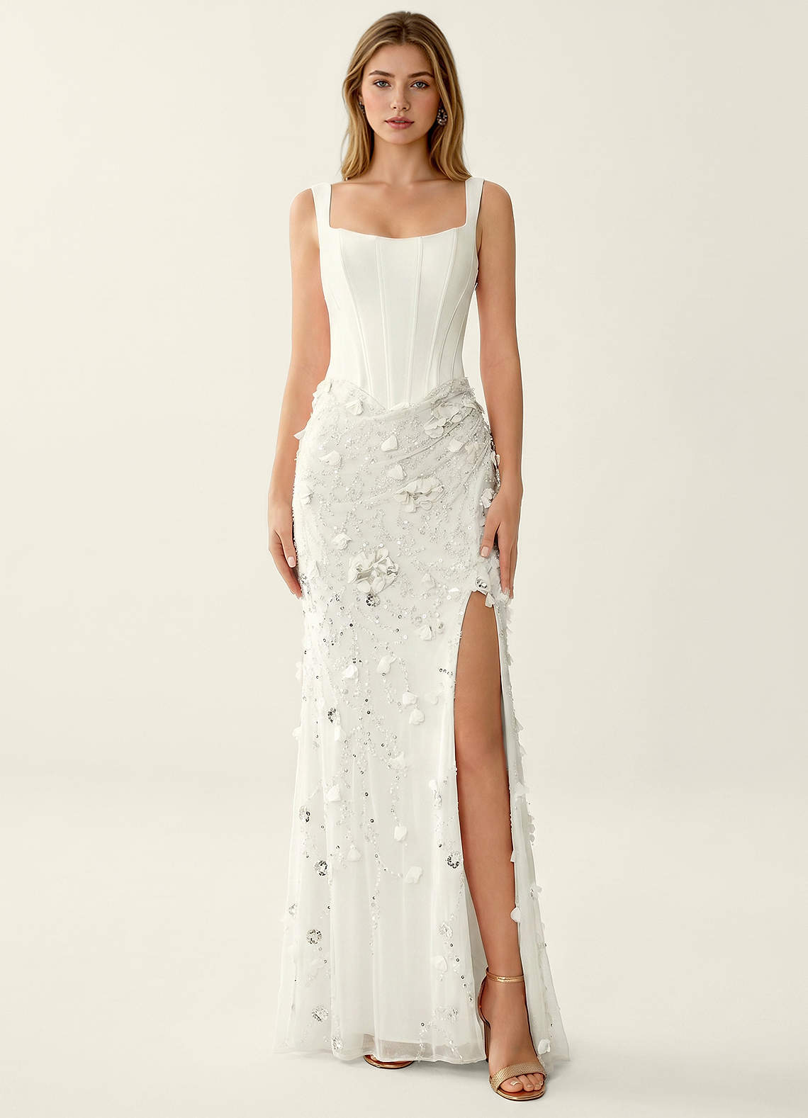 Belinda Mermaid Square-Neck Sequined Tulle Evening Dress in Ivory