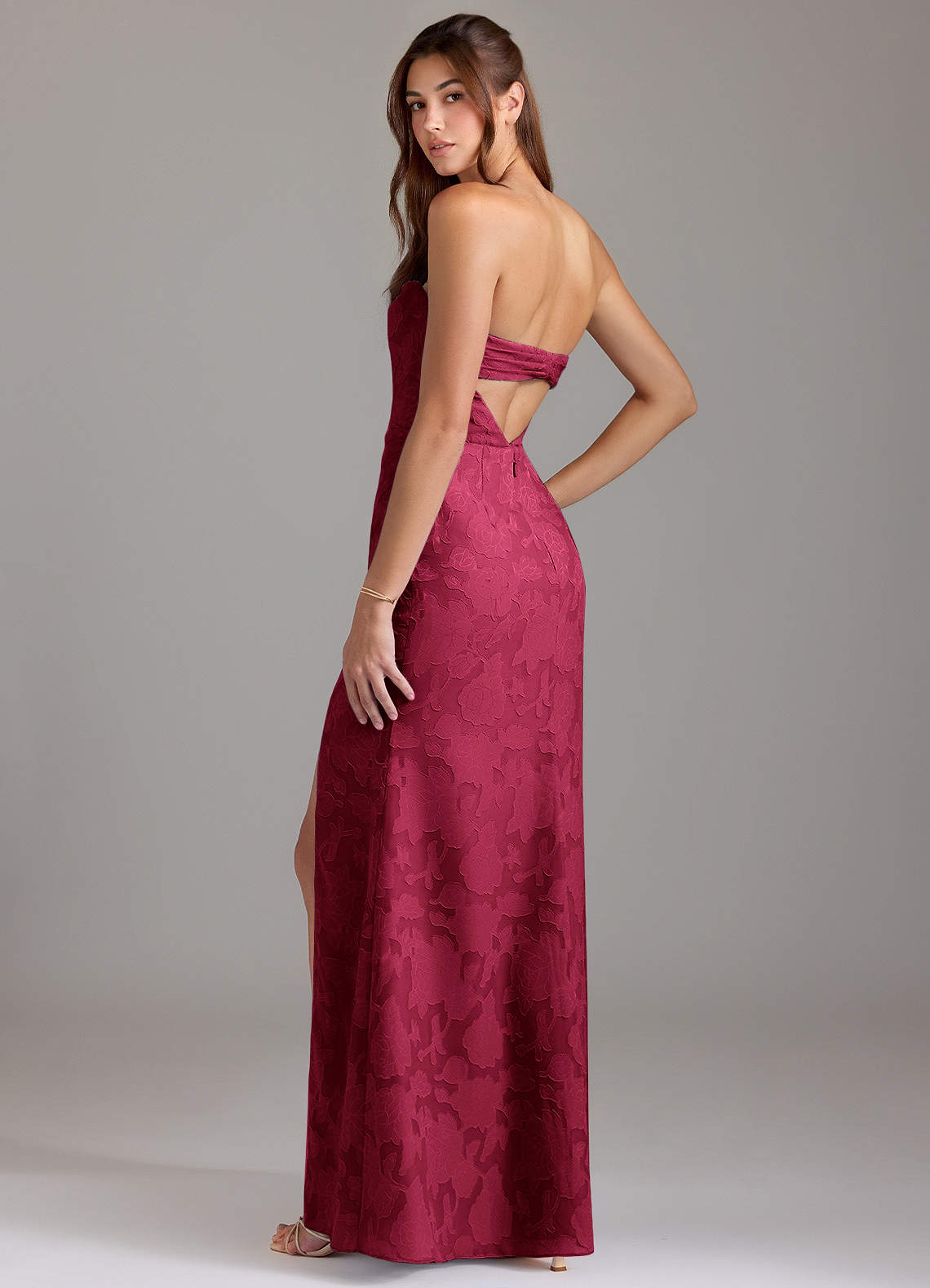 Leonis Sheath Strapless Floral Burnout Bridesmaid Dress in Burgundy