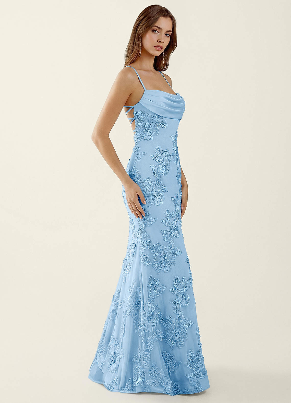 Bellatrix Mermaid Spaghetti-Strap Stretch Lace Evening Dress in Sky Blue