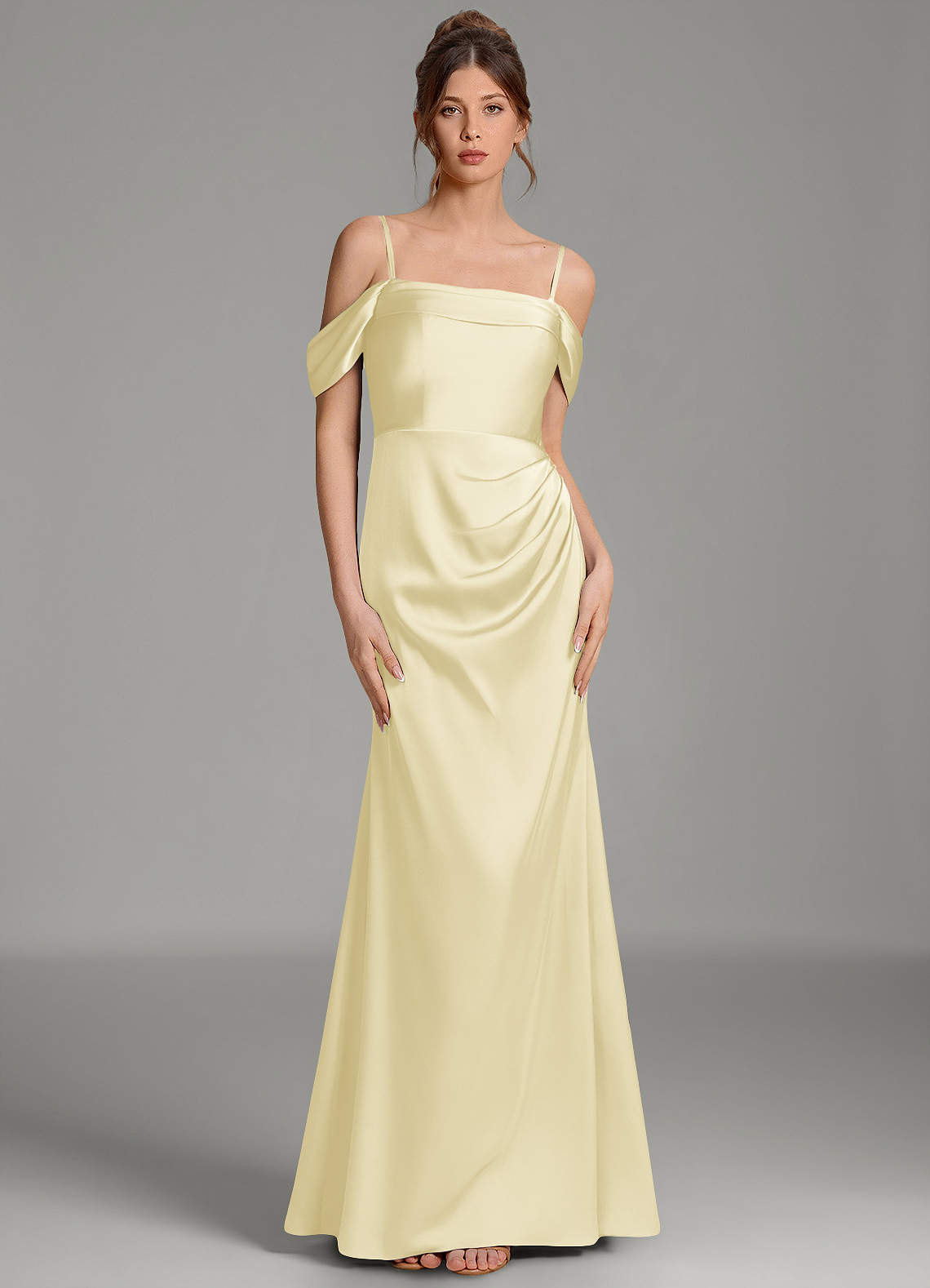 Wyatt Mermaid Off-the-Shoulder Stretch Satin Bridesmaid Dress in Lemon Sorbet