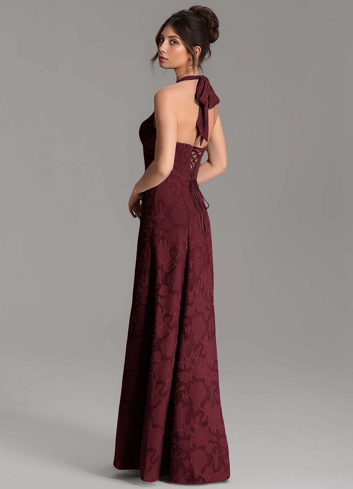 Nia A-Line V-Neck Floral Burnout Bridesmaid Dress in Cabernet