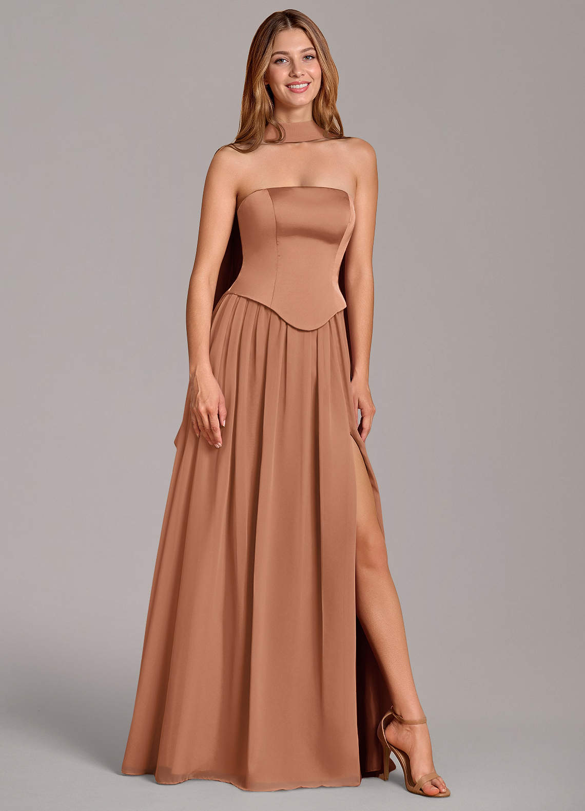 Cadence A-Line Strapless Chiffon and Stretch Satin Bridesmaid Dress in Bronzer