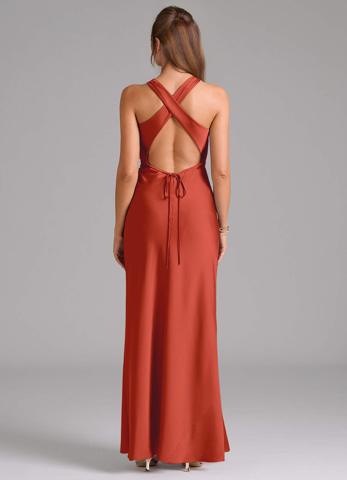 Evadne Sheath Scoop-Neck Stretch Satin Bridesmaid Dress in Rust