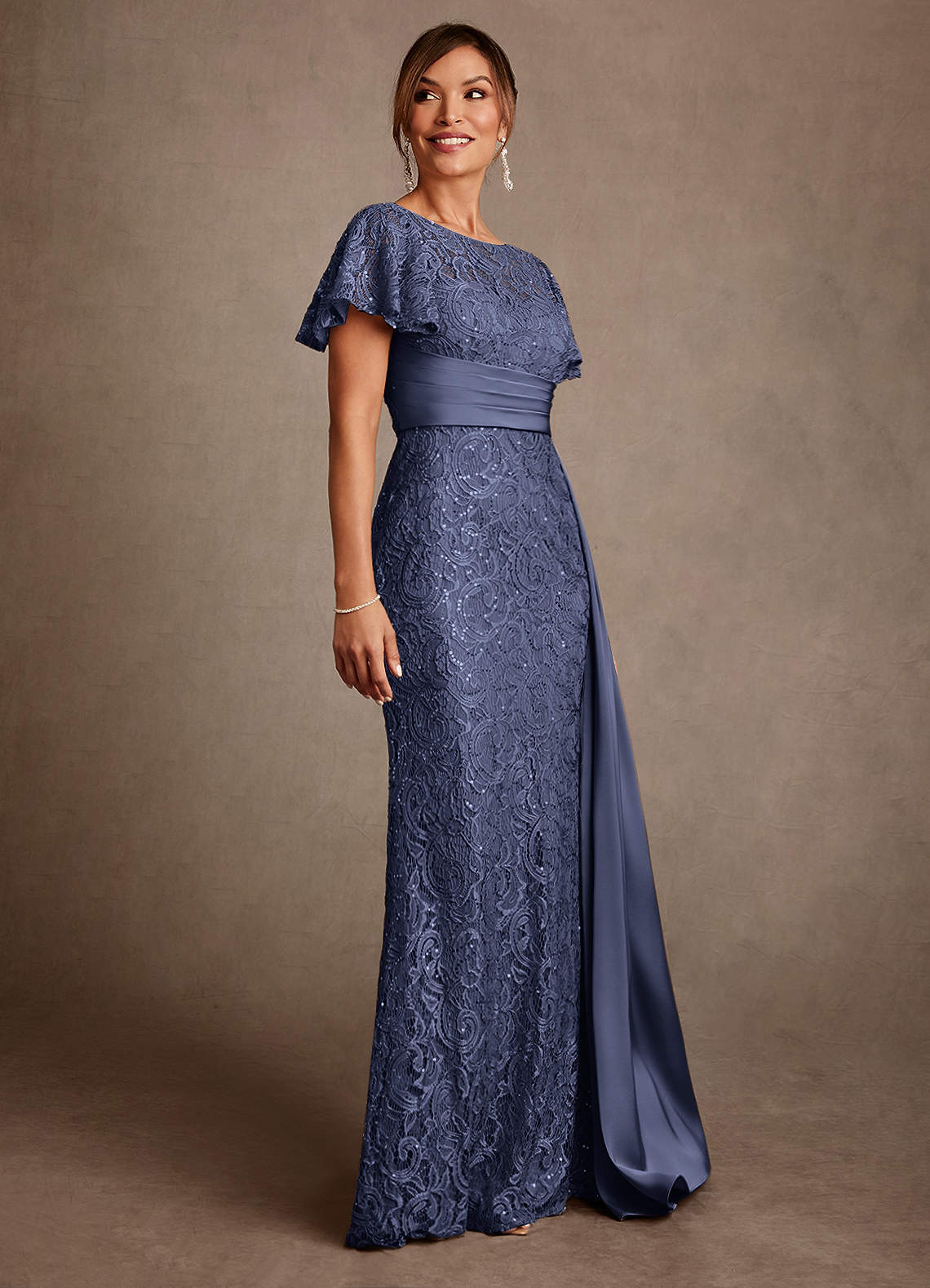 Harrison Mermaid Scoop-Neck Stretch Satin and Lace Mother of the Bride Dress in Stormy