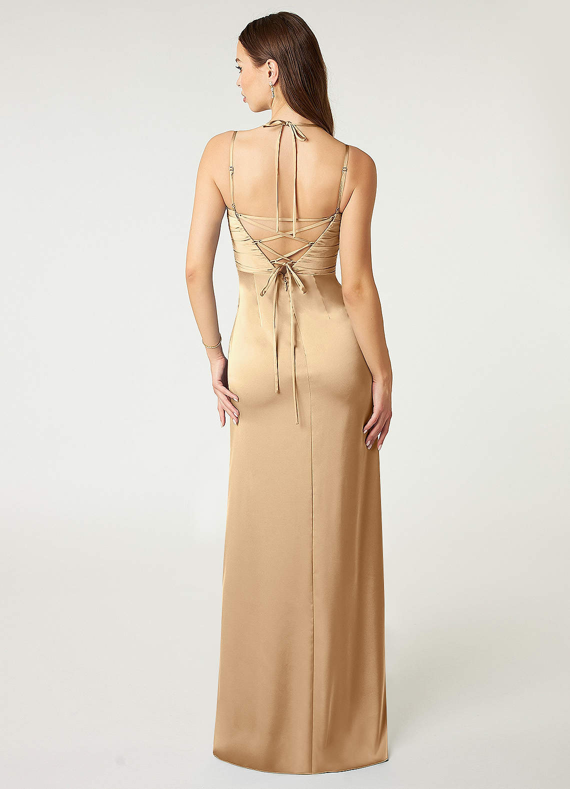 Desi Sheath Halter Stretch Satin Bridesmaid Dress in Champagne