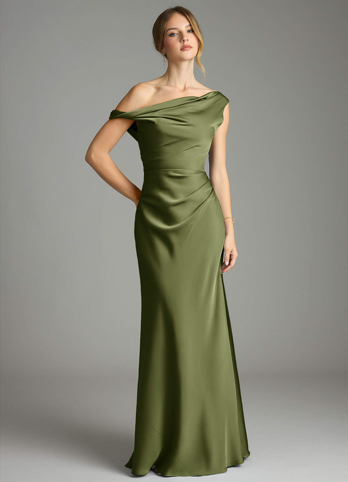 Emerson Mermaid One-Shoulder Stretch Satin Bridesmaid Dress in Olive