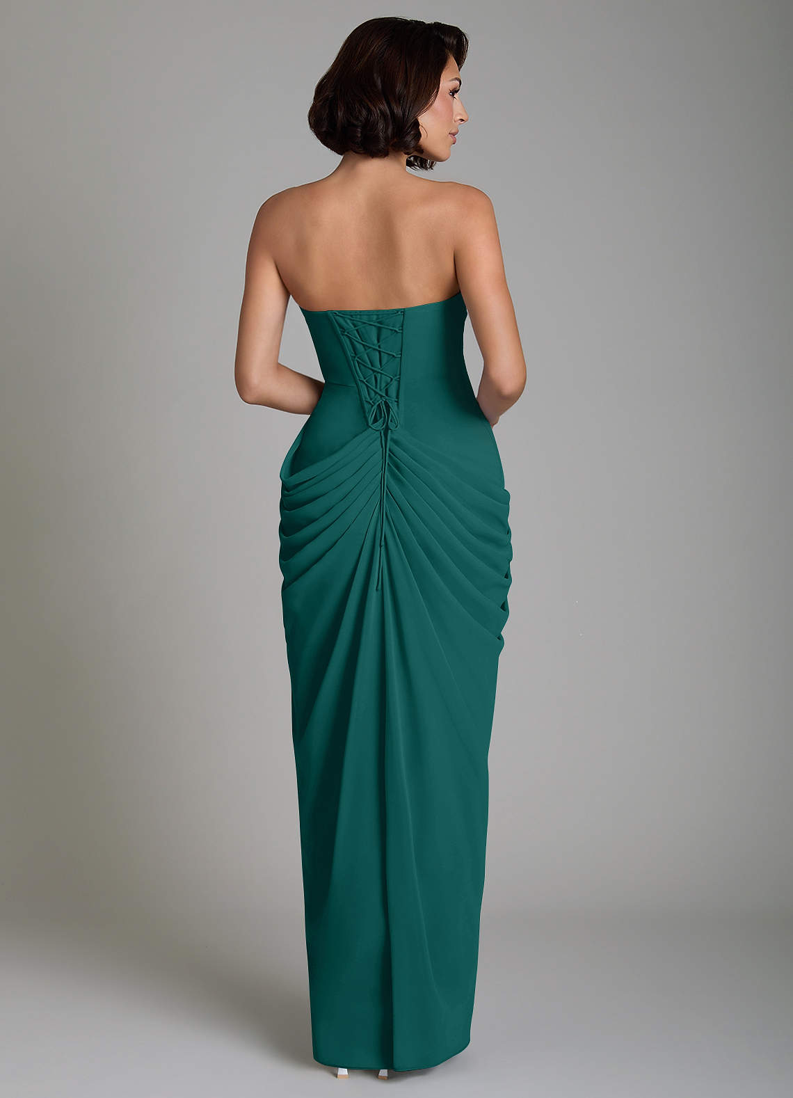 Nyra Sheath Strapless Chiffon Bridesmaid Dress in Peacock
