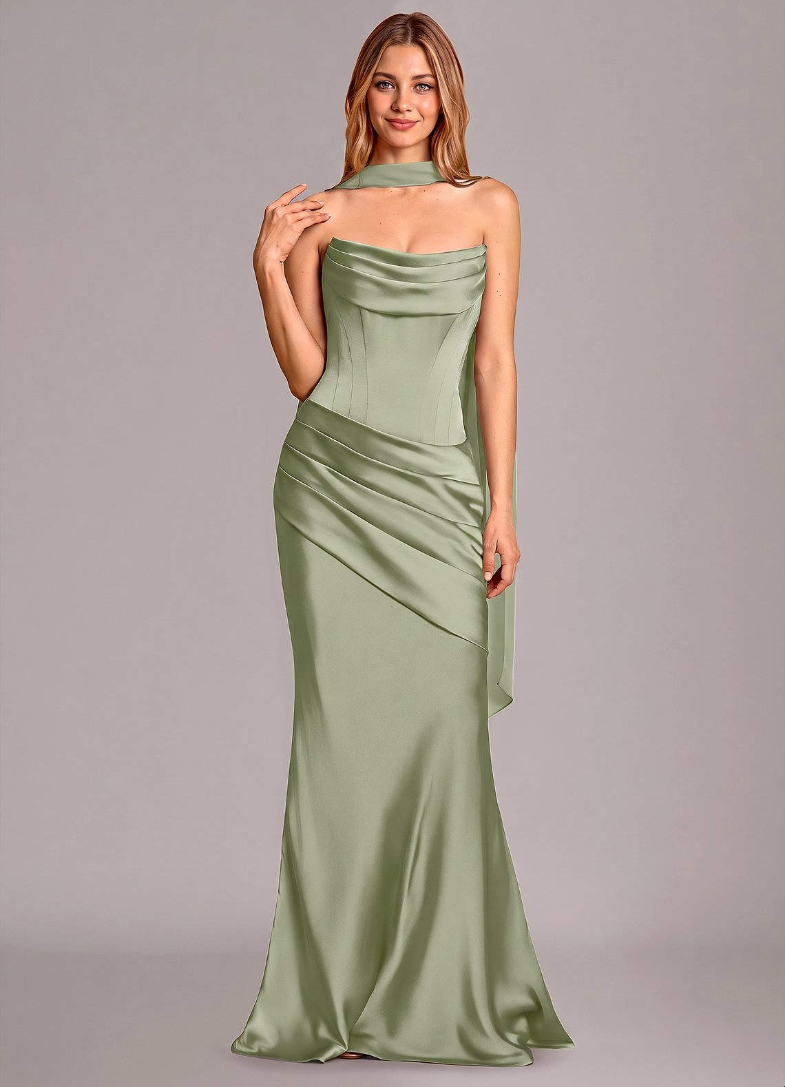 Pelagia Mermaid Cowl-Neck Stretch Satin Bridesmaid Dress in Pistachio