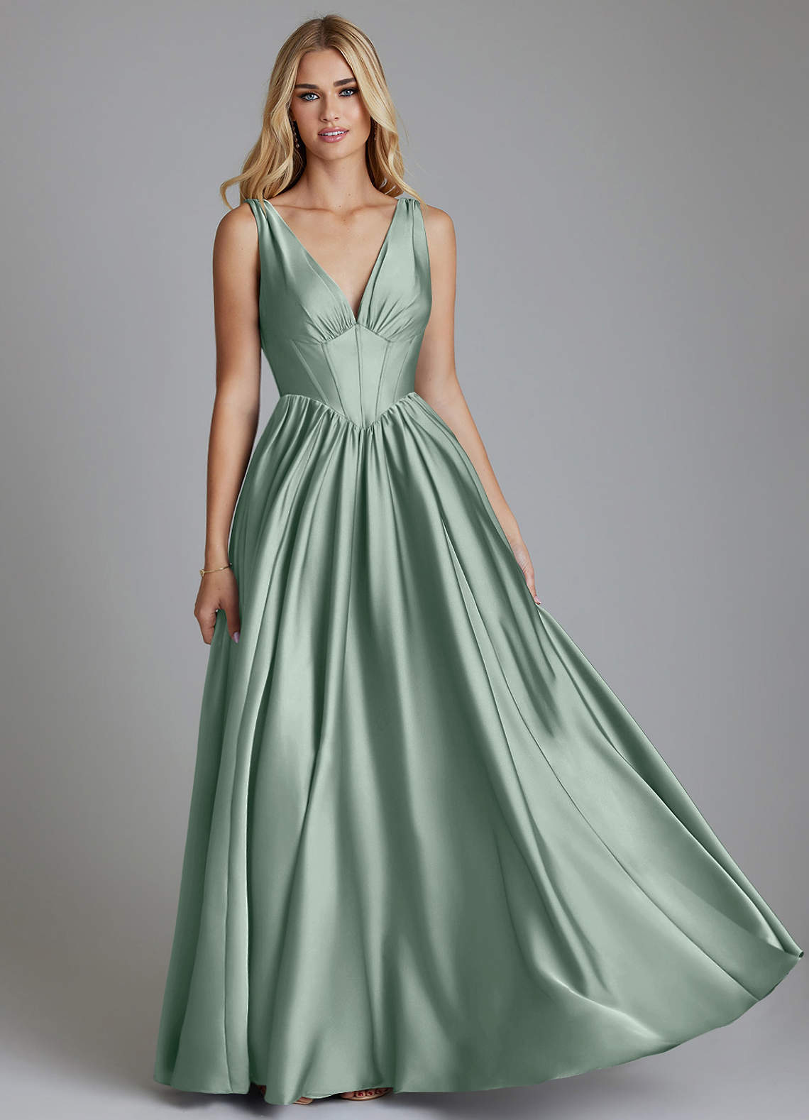 Delmie A-Line V-Neck Stretch Satin Bridesmaid Dress in Agave