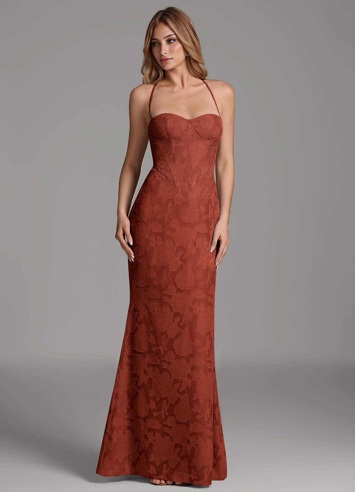 Dara Mermaid Sweetheart Floral Burnout Bridesmaid Dress in Terracotta