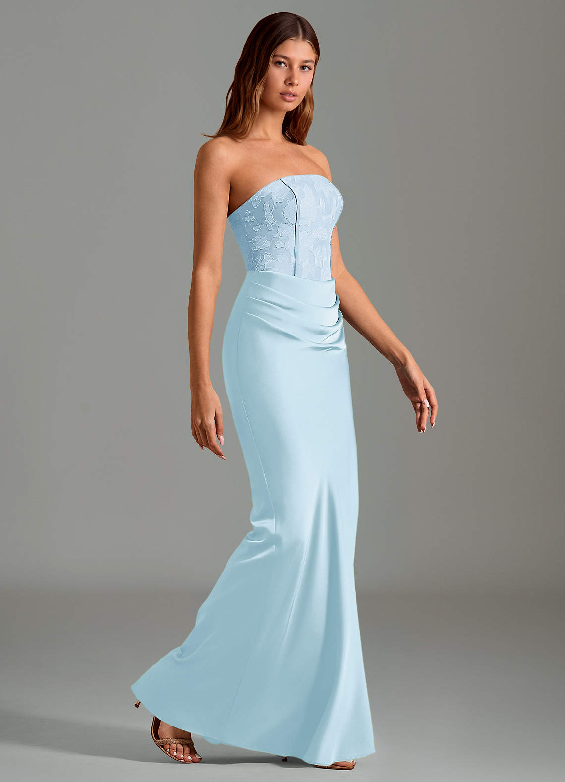 Emilia Mermaid Strapless Stretch Satin and Floral Burnout Bridesmaid Dress in Sky Blue