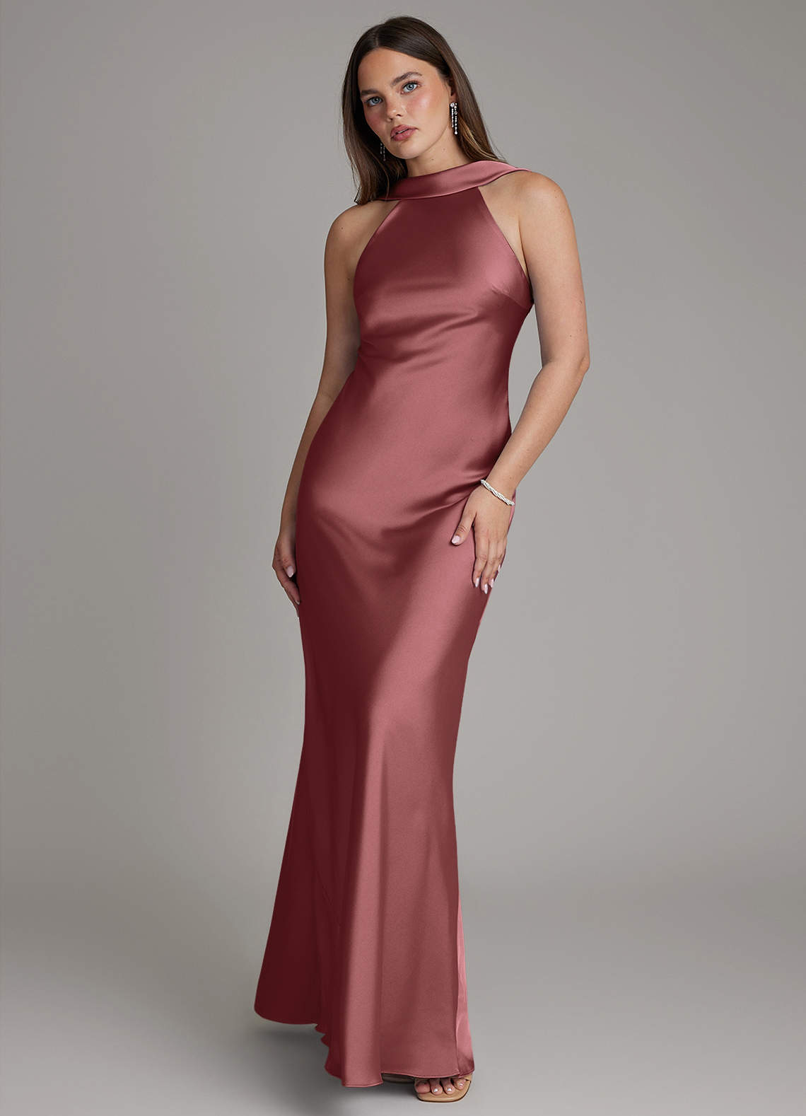 Dimitra Sheath Halter Stretch Satin Bridesmaid Dress in Amethyst