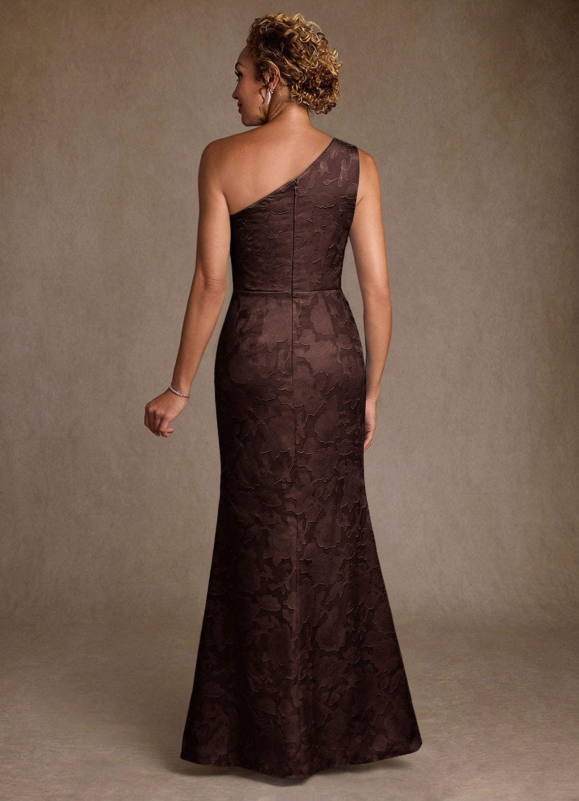 Joylin Trumpet One-Shoulder Floral Burnout Mother of the Bride Dress in Ganache