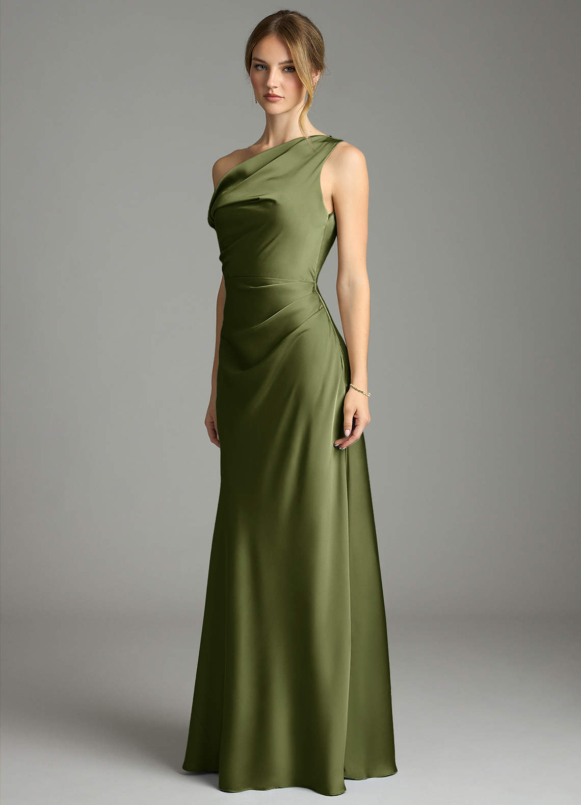 Emerson Mermaid One-Shoulder Stretch Satin Bridesmaid Dress in Olive