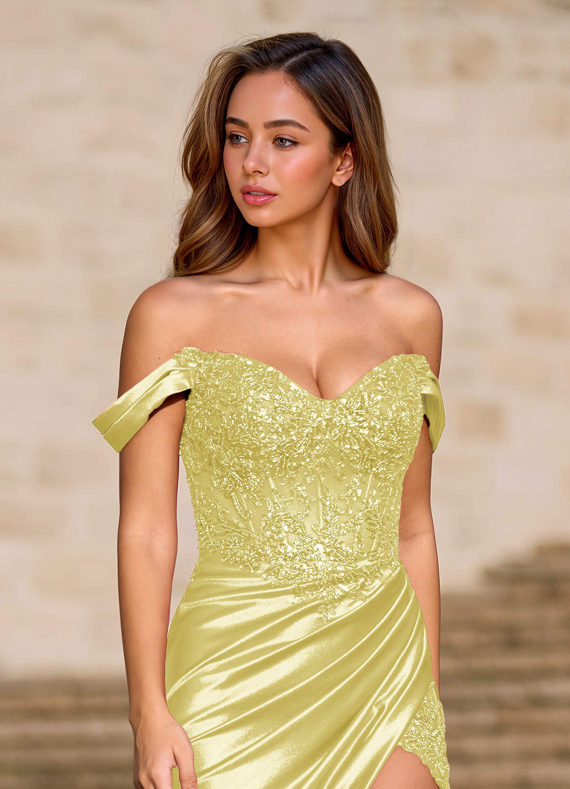 Opulence Mermaid Off-the-Shoulder Satin Evening Dress in Yellow